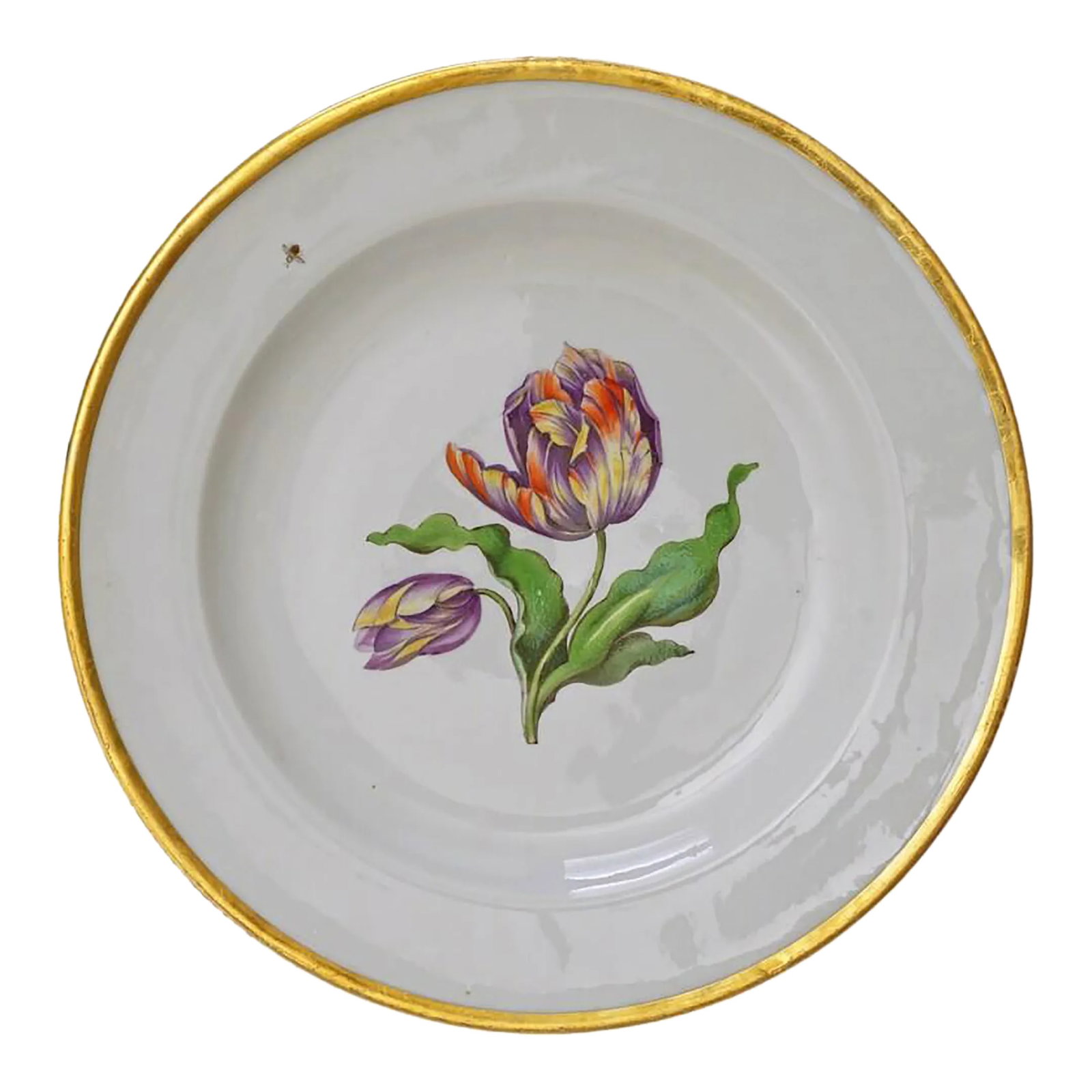 Antique Meissen Botanical Tulip Plate Dish Porcelain Hand Painted: Circa 1814 Meissen botanical plate / dish decorated with large, vividly painted tulips on a branch, small insect on the rim and gild band border. Zoom into photos to appreciate in detail. It is