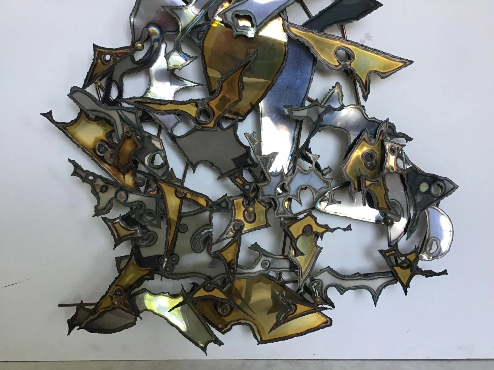 Modern Brutalist Torch Cut Welded Chrome Brass Sputnik Wall Sculpture - 3