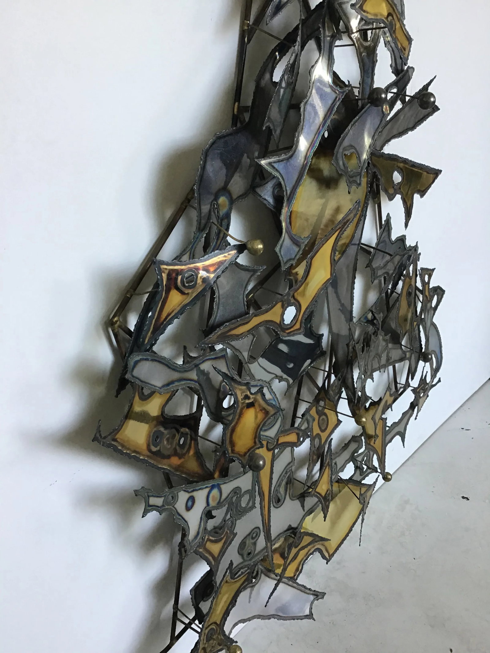 Modern Brutalist Torch Cut Welded Chrome Brass Sputnik Wall Sculpture - 5