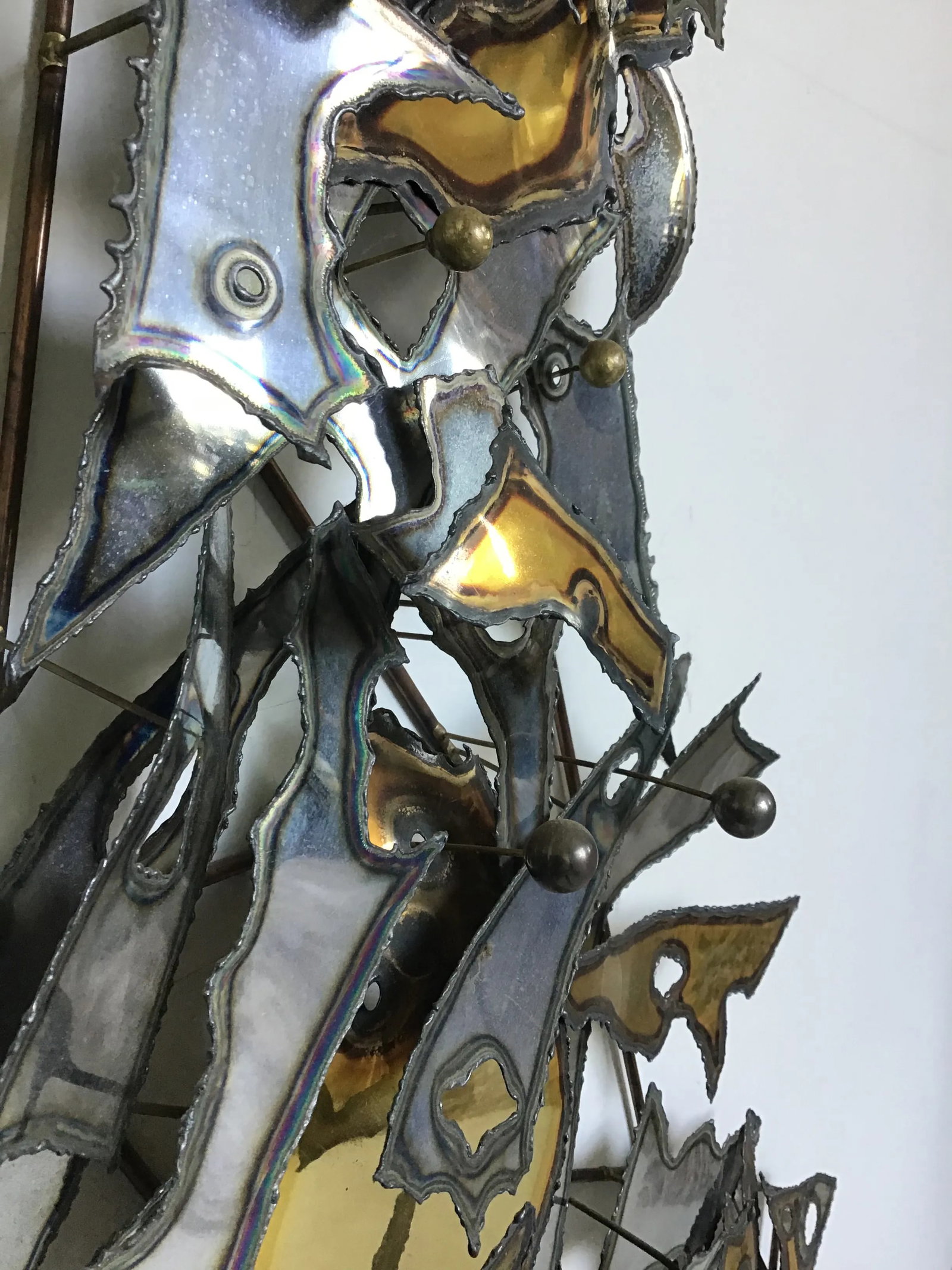 Modern Brutalist Torch Cut Welded Chrome Brass Sputnik Wall Sculpture - 6