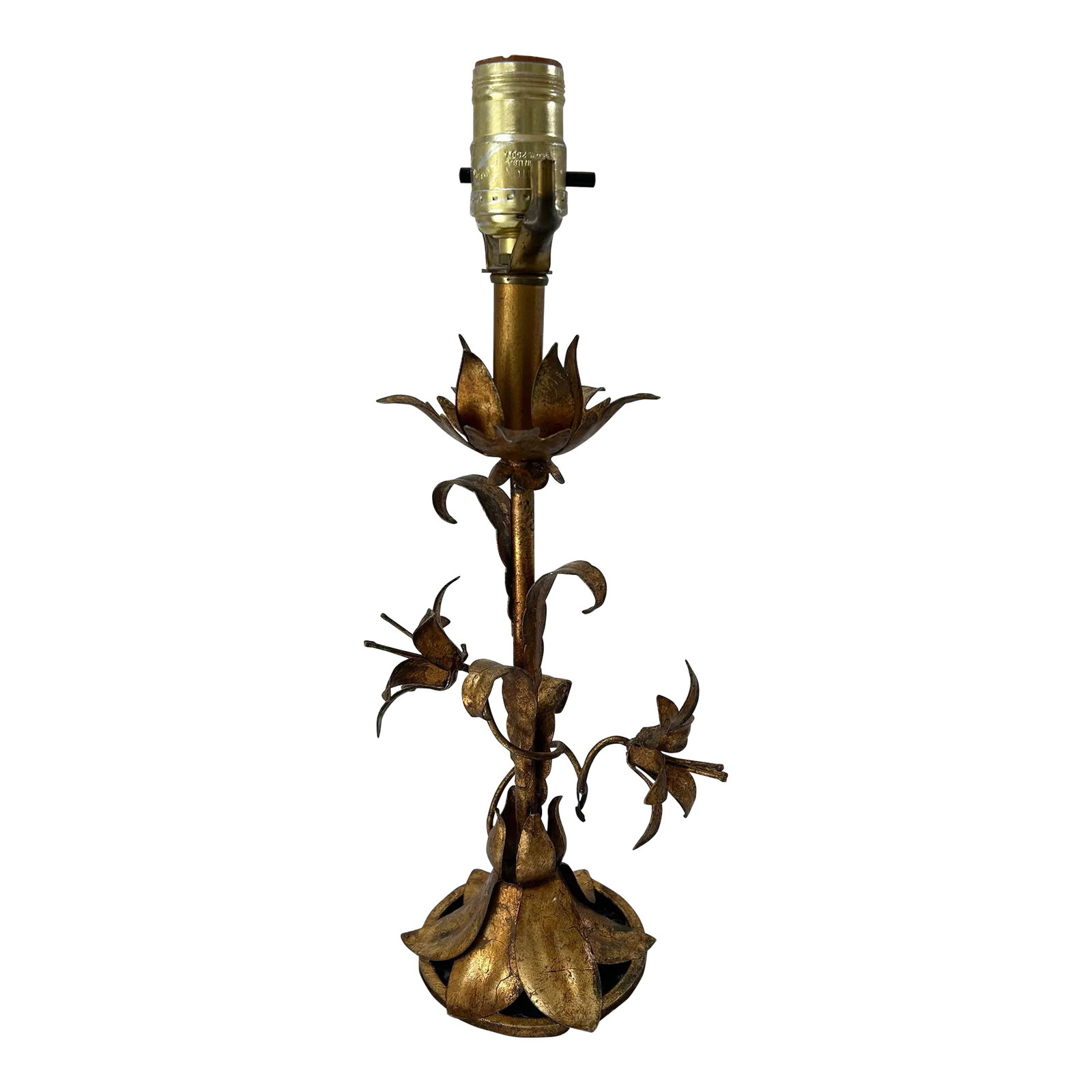 Italian Gilt Tole Table Lamp Mid Century: Vintage Italian tole table lamp. Lilly blossoms and leaves in old Florentine gilt/gold on a black marble base. Mid Century elegant or casual flexibility. Metal "Italy" tag still intact Push switch 16"