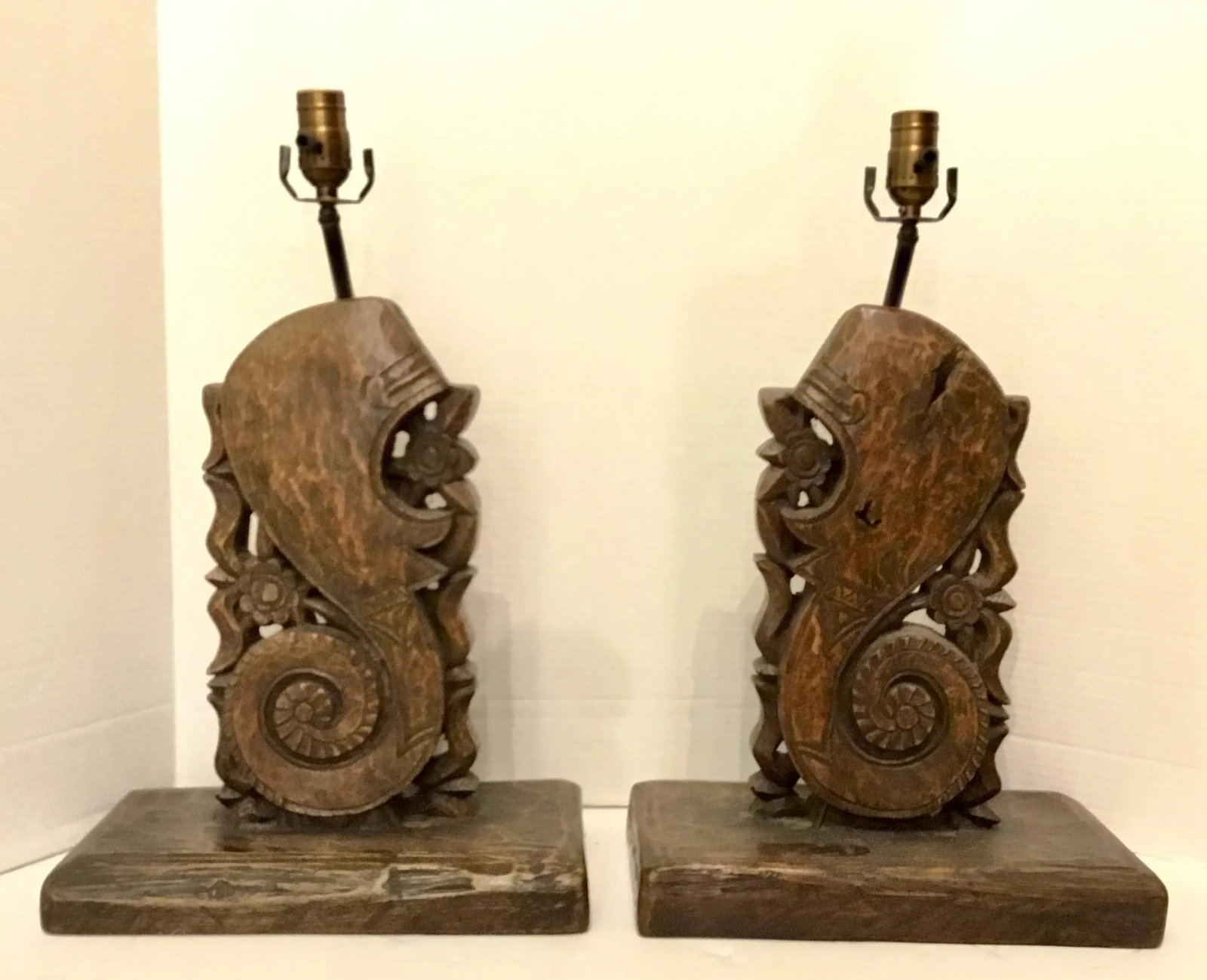 Pierce Martin Vintage Organic Modern Architectural Carved Wood Table Lamps - a Pair - 7