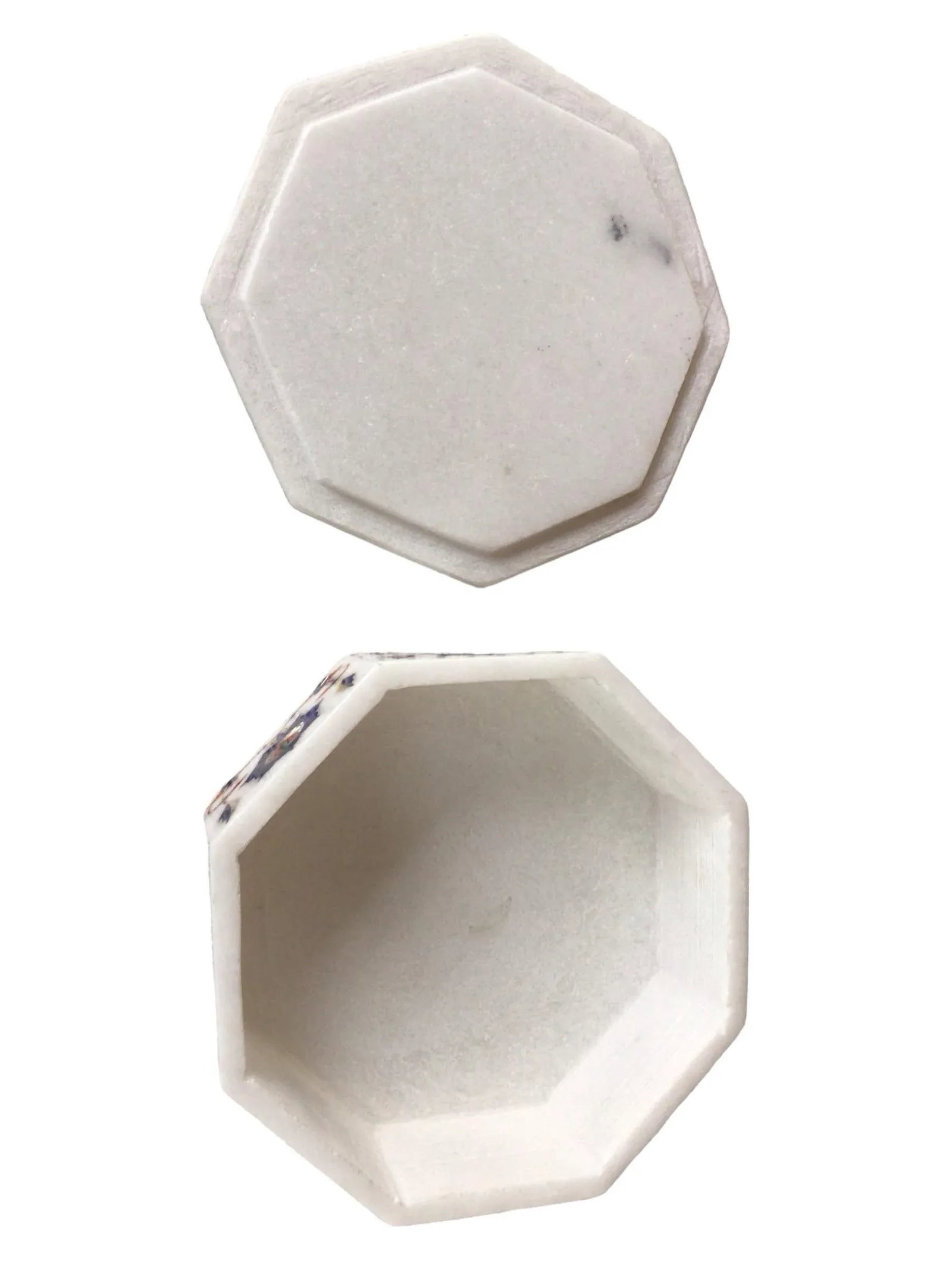 1970s White Marble Lidded Trinket Box With Blue Mosaic Inlay Design - 11