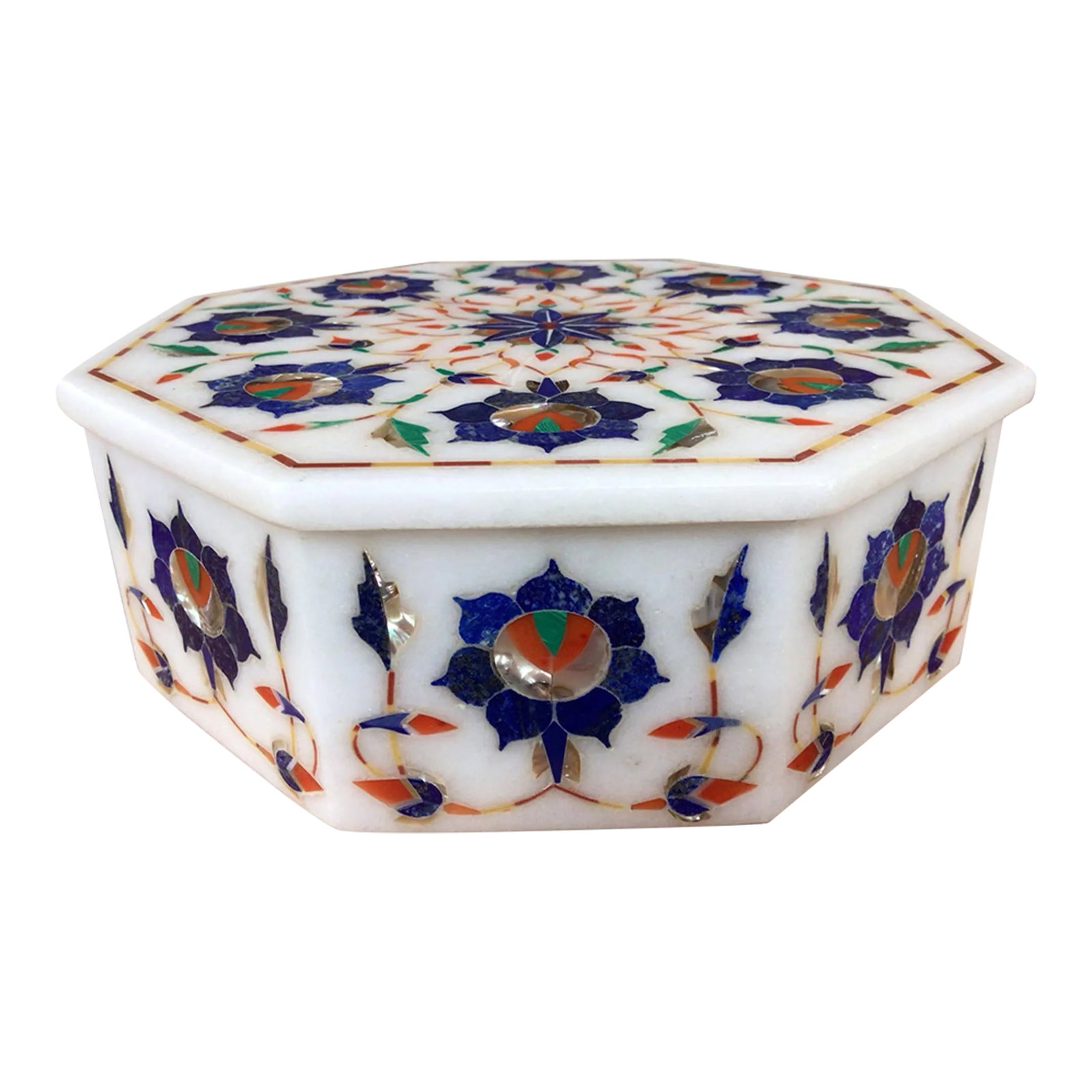 1970s White Marble Lidded Trinket Box With Blue Mosaic Inlay Design: White Marble Lidded Trinket Box With Blue Mosaic Inlay Design. Made in Morocco. Condition: Alterations: Original Condition Unaltered Imperfections: Some Imperfections Condition Notes: Very good