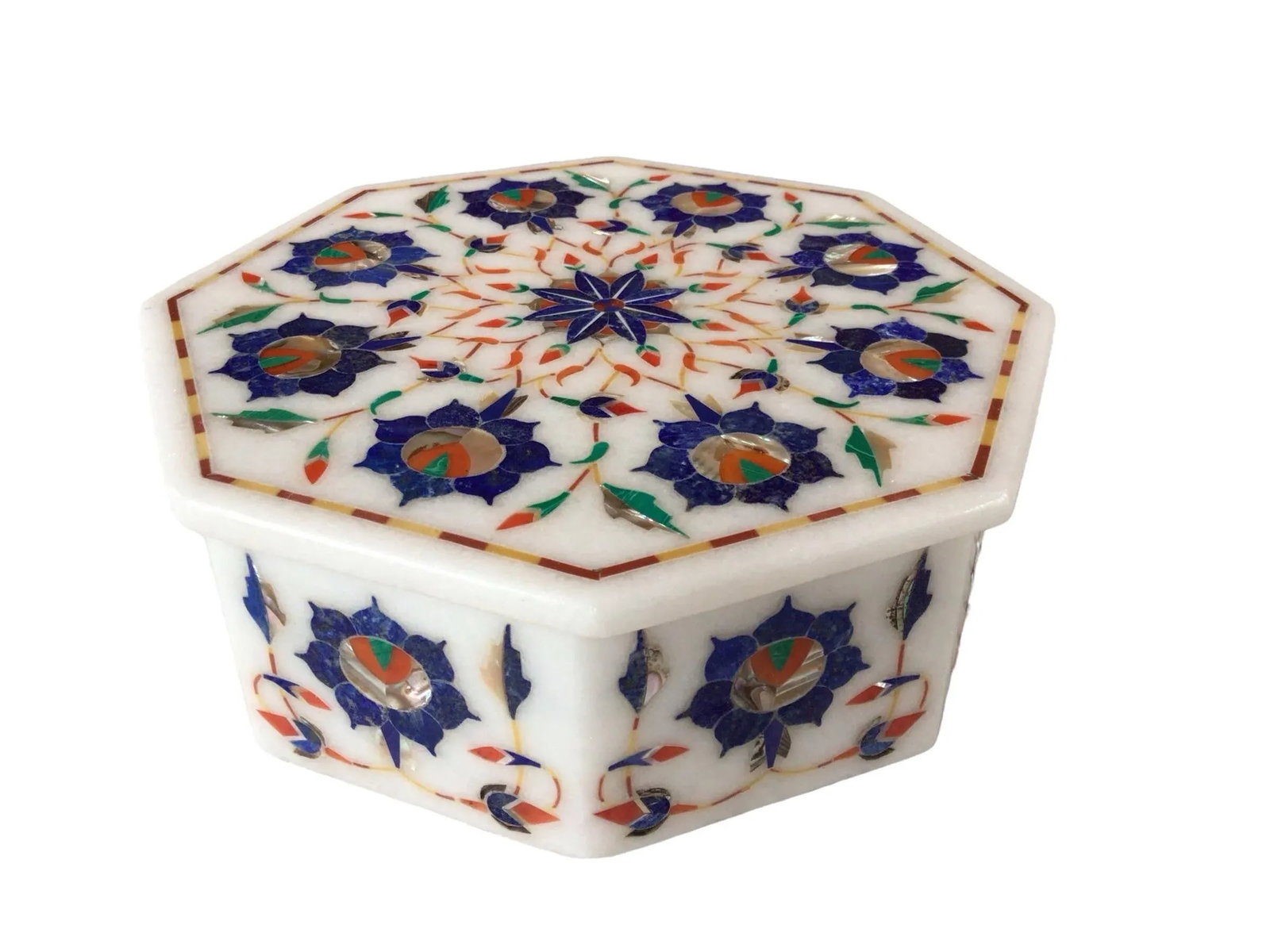 1970s White Marble Lidded Trinket Box With Blue Mosaic Inlay Design - 2