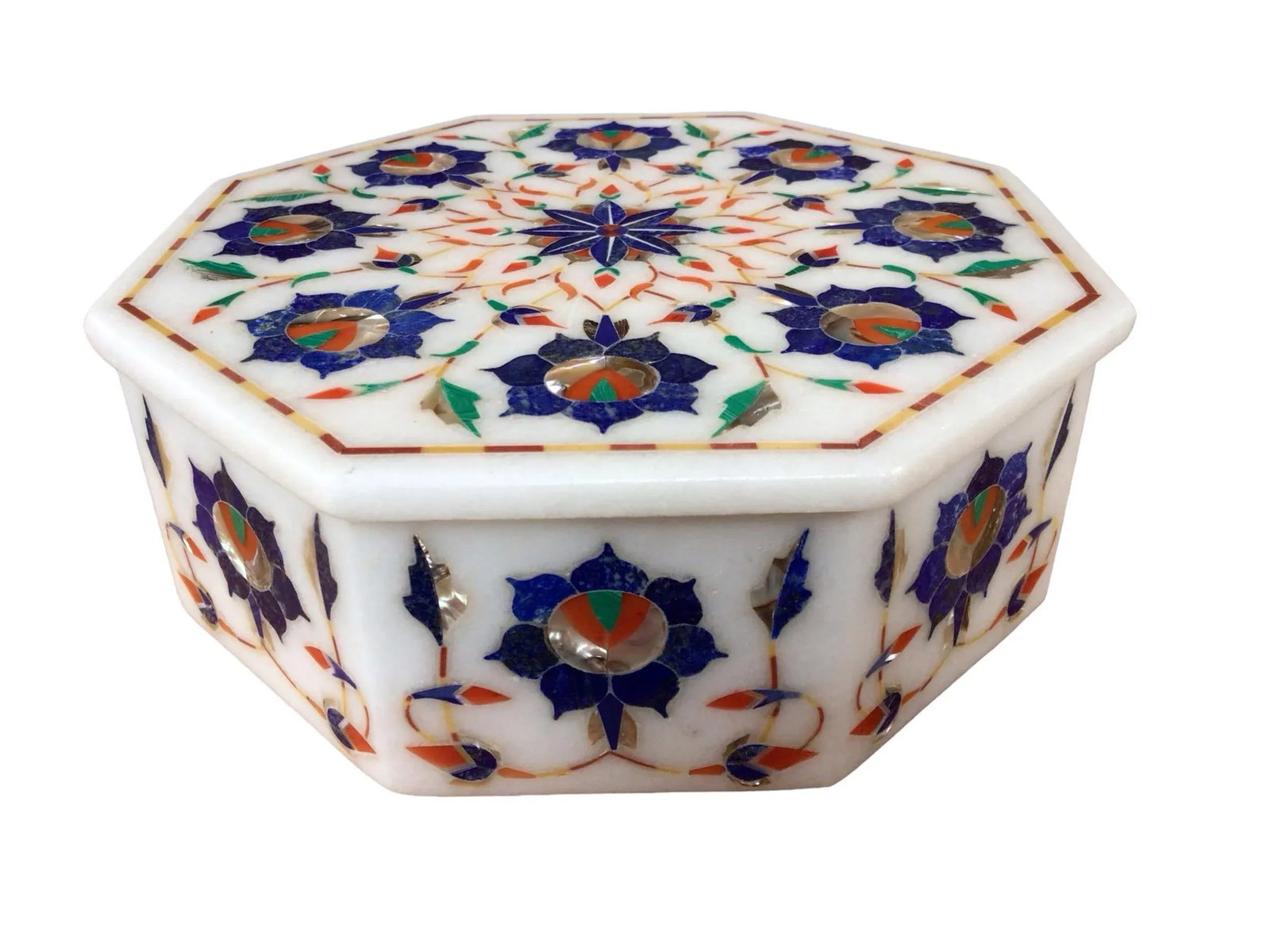1970s White Marble Lidded Trinket Box With Blue Mosaic Inlay Design - 5