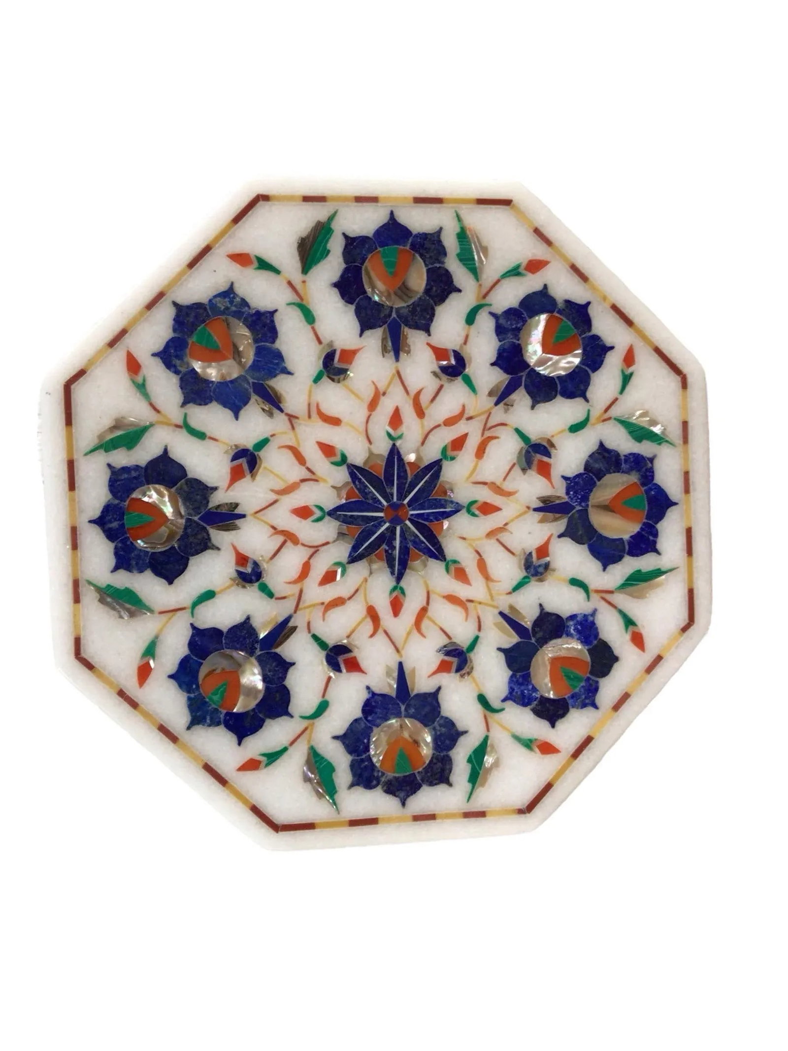 1970s White Marble Lidded Trinket Box With Blue Mosaic Inlay Design - 9
