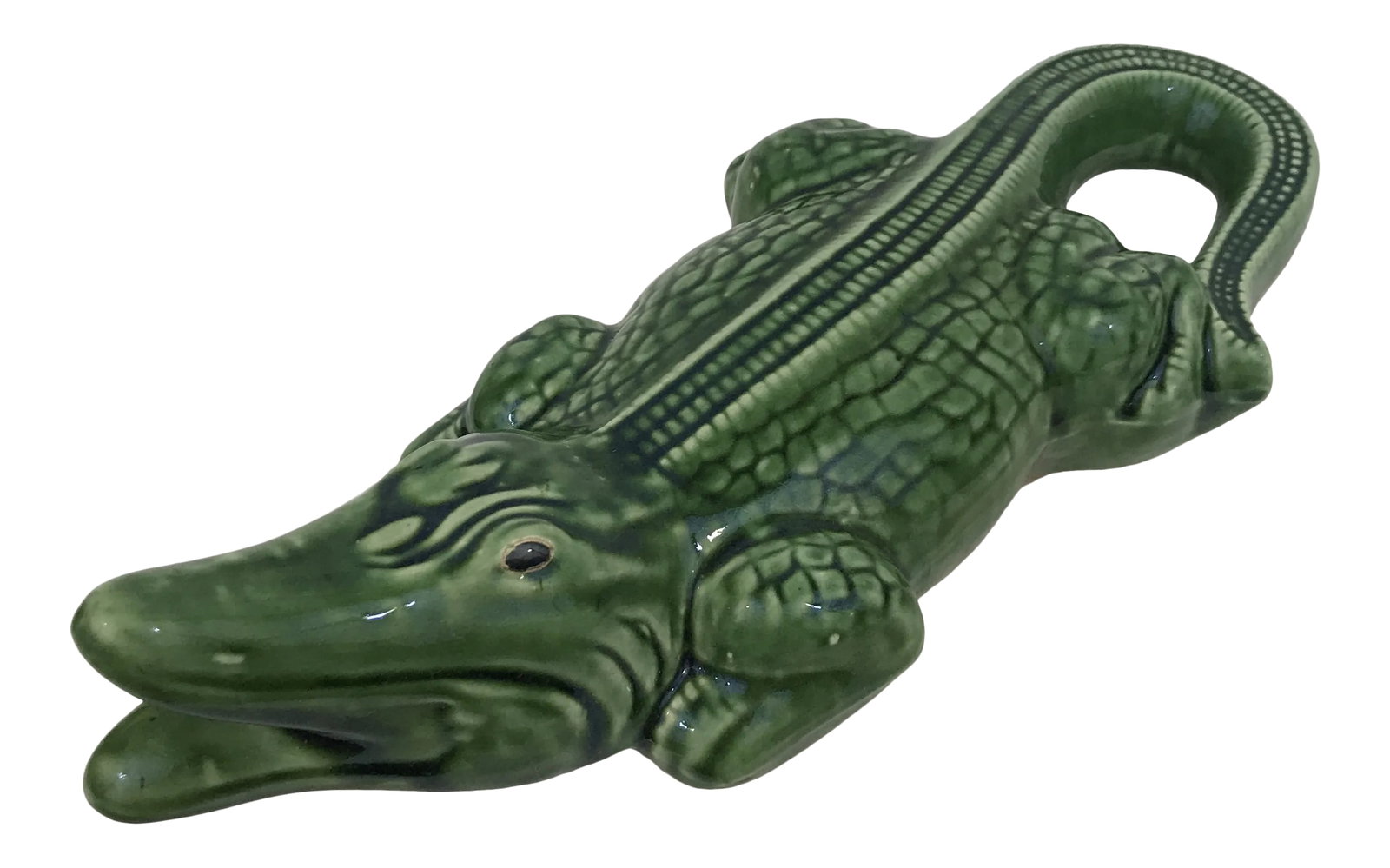 Majolica Alligator Statue: Antique majolica ceramic hollow alligator sculpture with green glazed finish. Condition: Alterations: Original Condition Unaltered Imperfections: Some Imperfections Condition Notes: Excellent