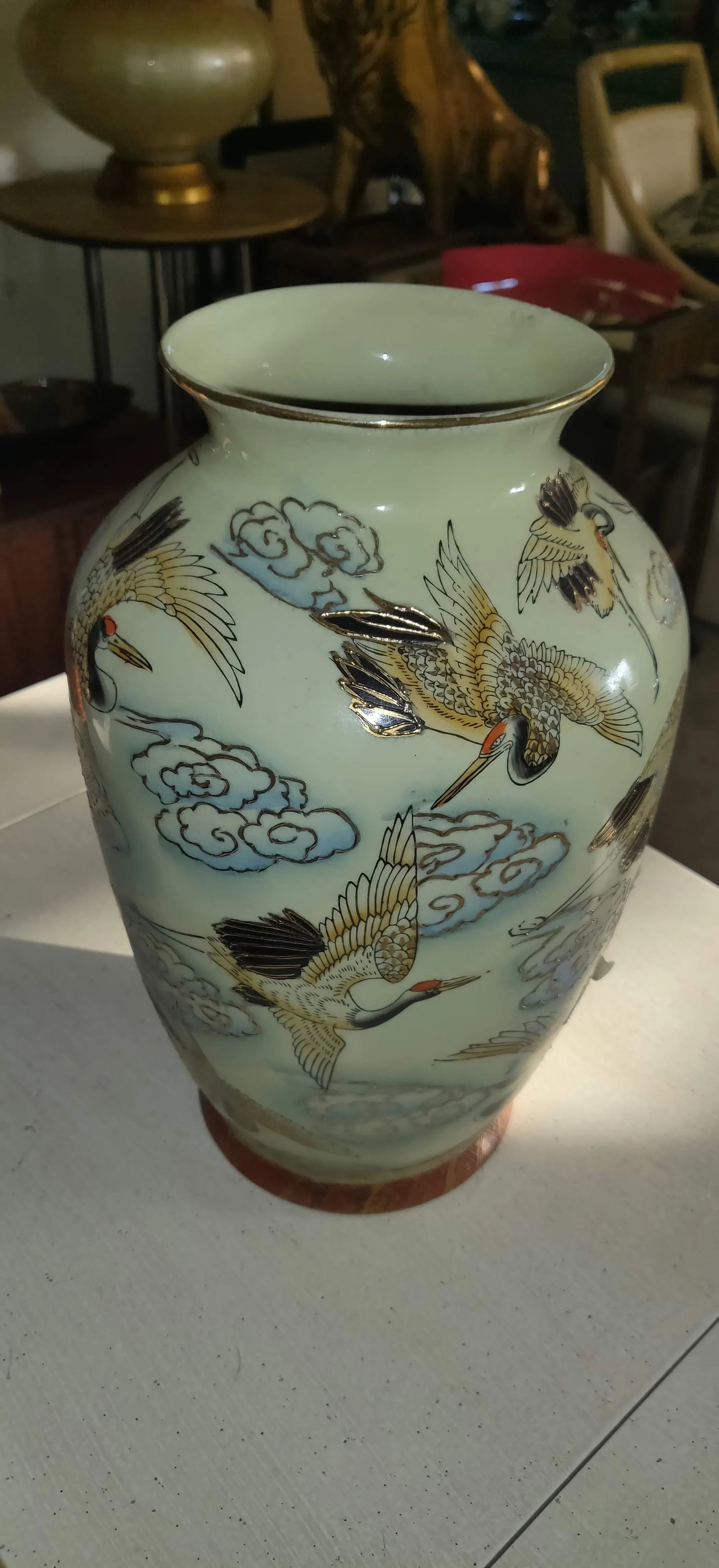 Chinese Famille Rose Polychrome Freehand Raised Cranes & Clouds Motif Porcelain Vase - 2