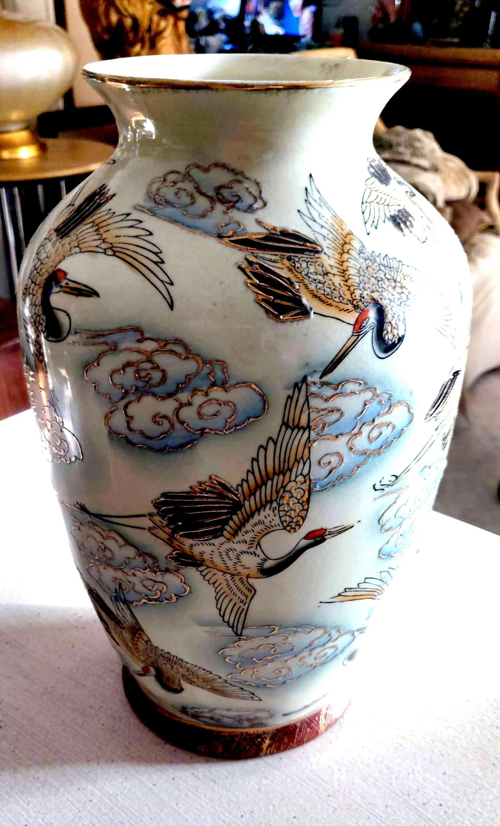 Chinese Famille Rose Polychrome Freehand Raised Cranes & Clouds Motif Porcelain Vase - 3