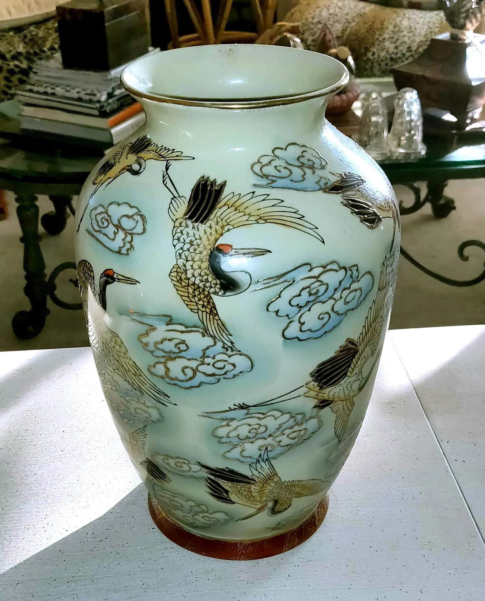 Chinese Famille Rose Polychrome Freehand Raised Cranes & Clouds Motif Porcelain Vase - 5