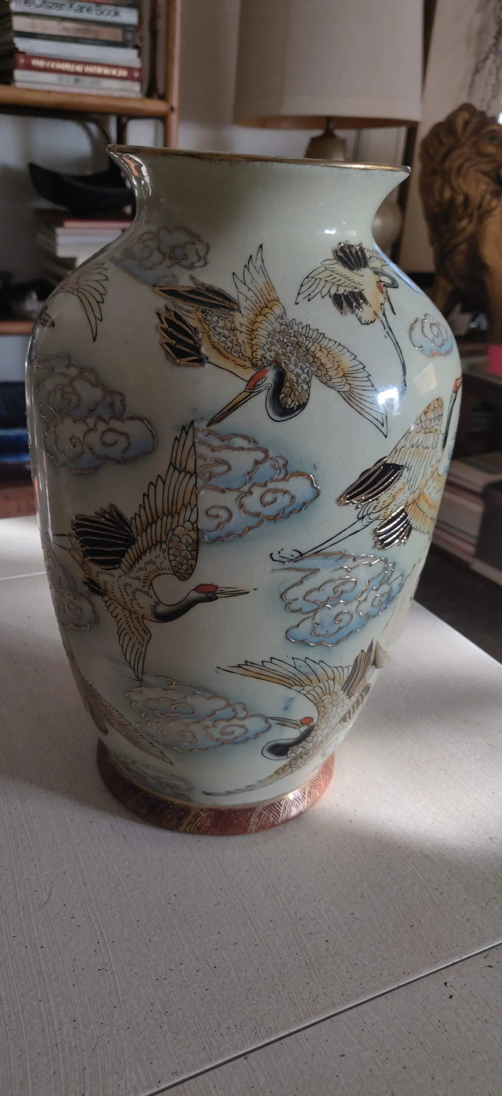 Chinese Famille Rose Polychrome Freehand Raised Cranes & Clouds Motif Porcelain Vase - 6