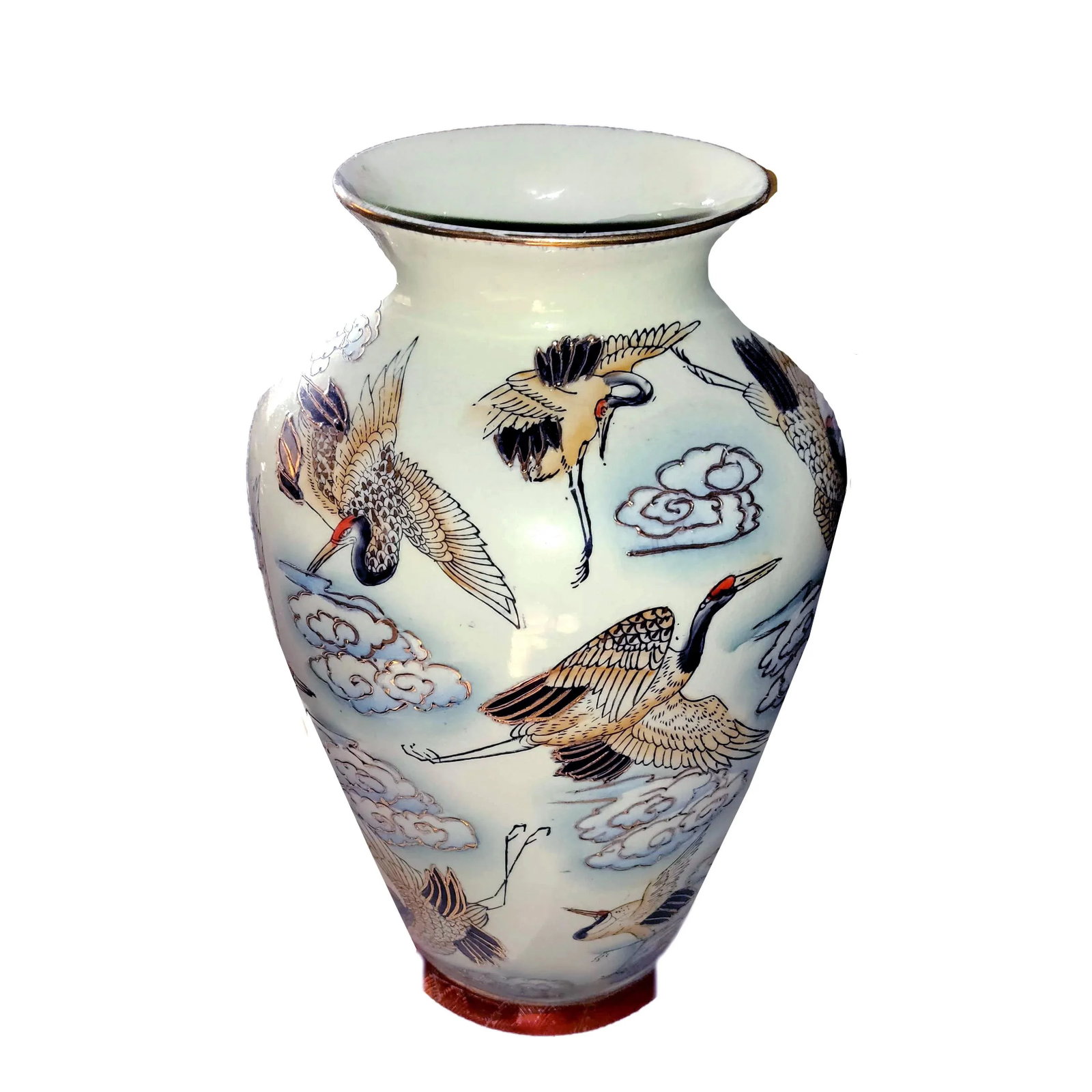 Chinese Famille Rose Polychrome Freehand Raised Cranes & Clouds Motif Porcelain Vase - 7