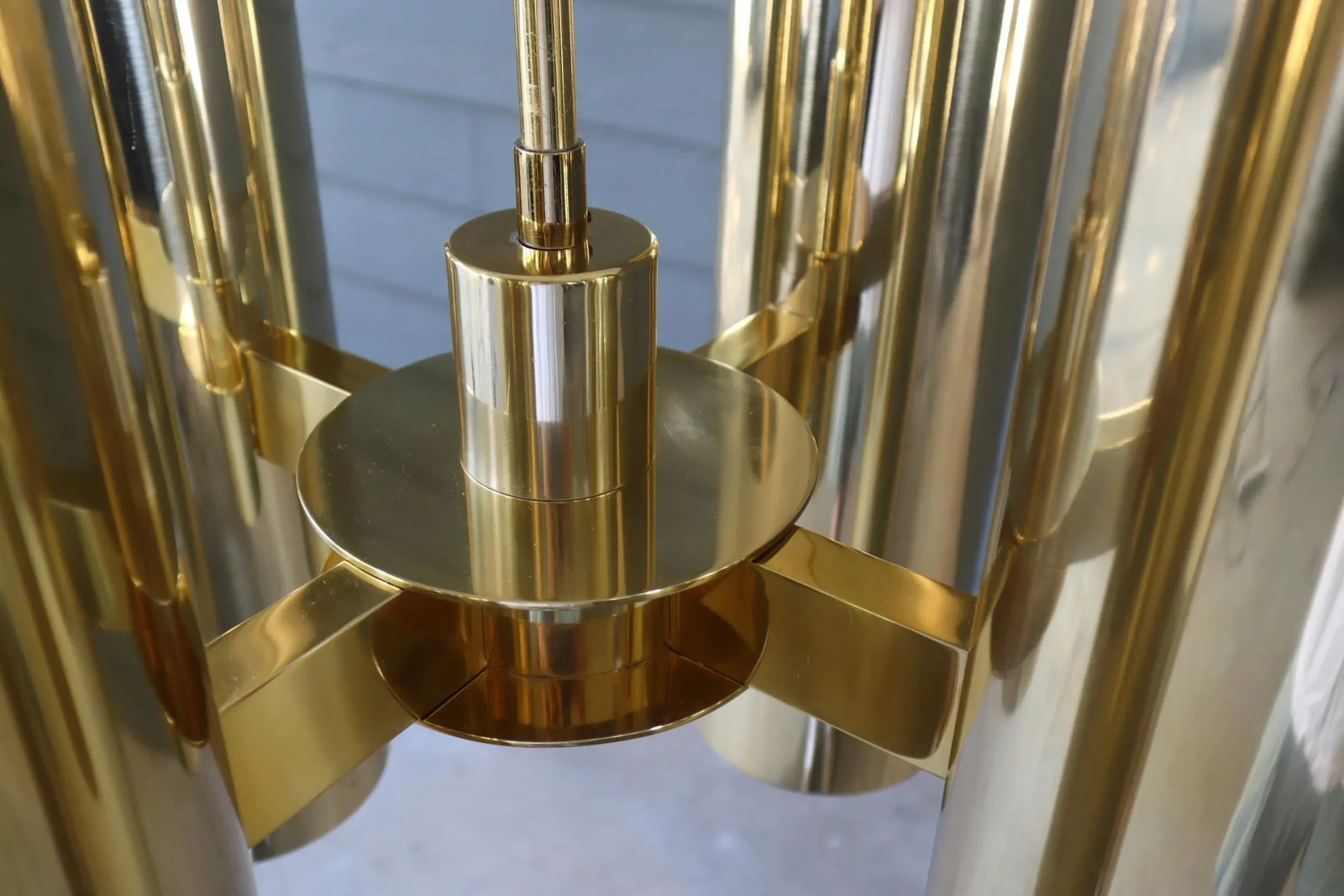 Vintage 70's Brass Chandelier Tall Large 5 Ft Gaetano Sciolari Style Flush Mount Mid Century Modern - 6