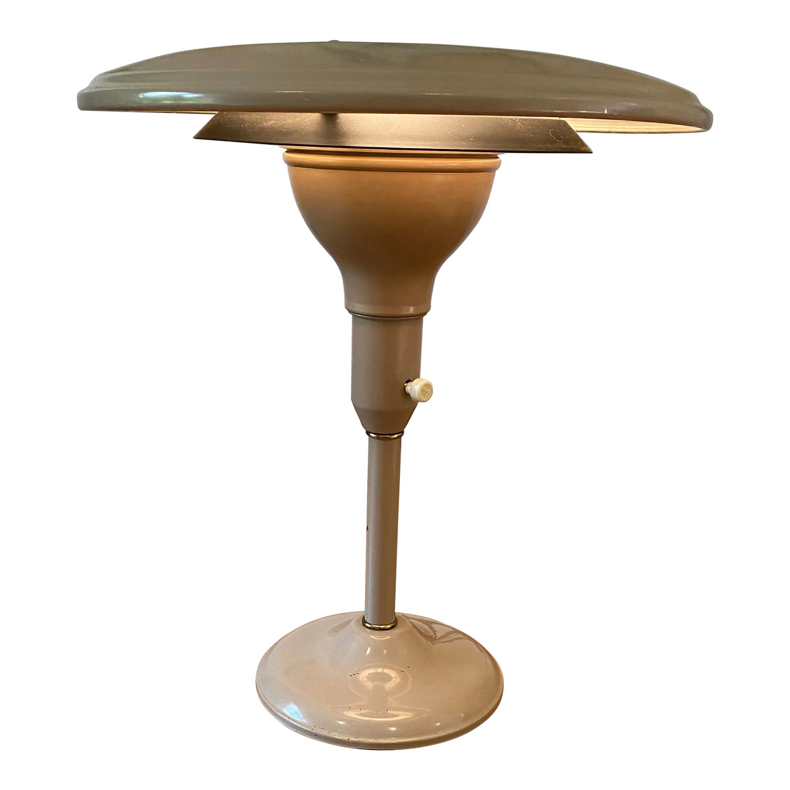 Mid 20th Century M. G. Wheeler Saucer Sight Light: Vintage M.G. Wheeler Saucer shaped "Sight Light". Very mid-century & industrial with original paint in what I would describe as taupe. The finish on the paint has a crackle texture to it - it isn't