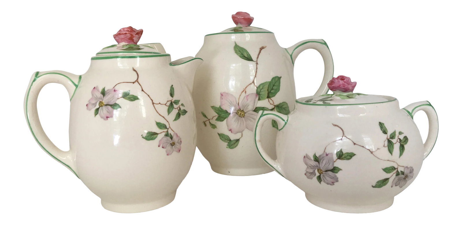 1940s Vintage English Ambassador Ware Ceramic Dogwood Tea Set of 3: This is an adorable rare ceramic tea set made in England in the 1940s. The set includes a one cup teapot, creamer, and sugar bowl. All have lids with round pink rose handles. The set is glazed creamy 