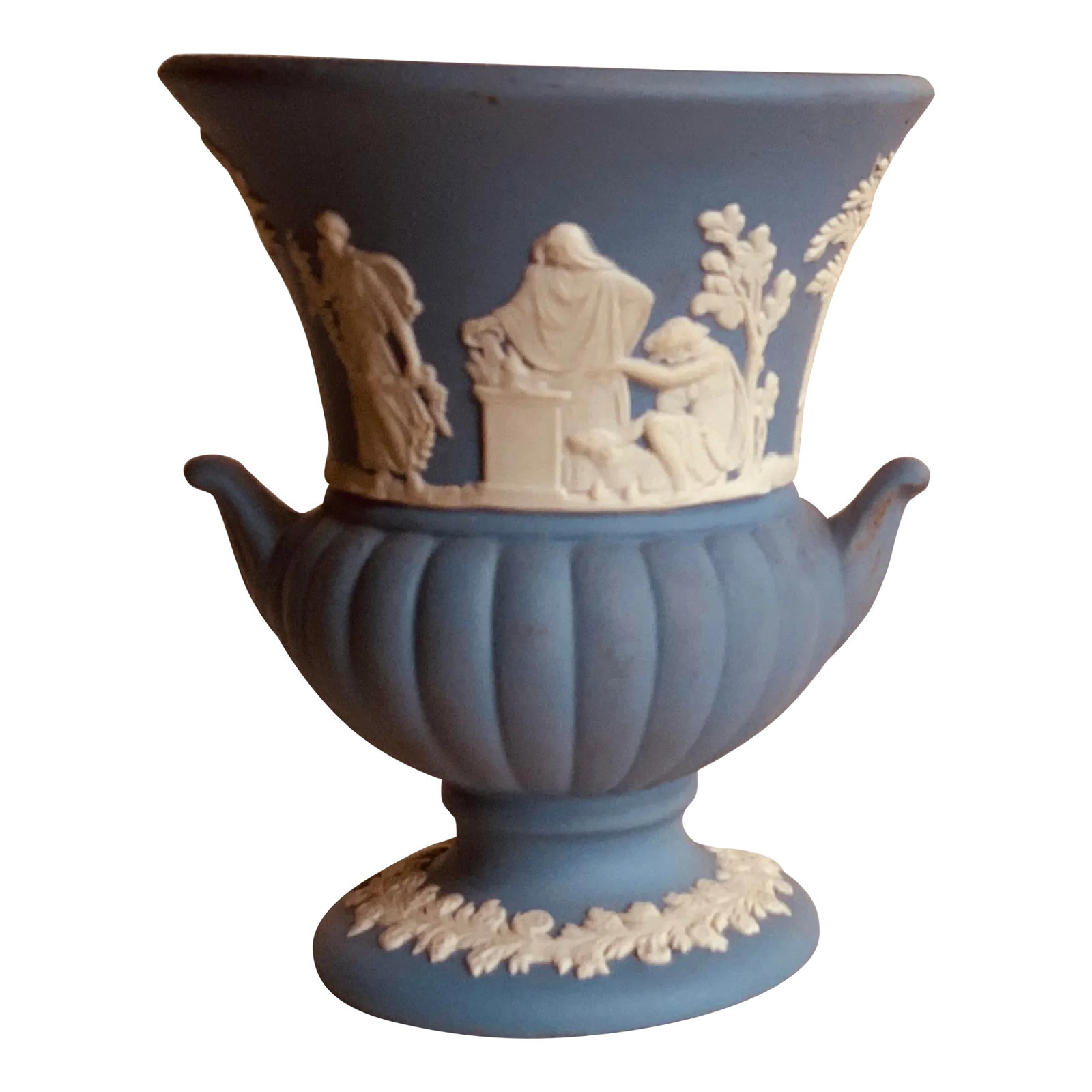 1930s Wedgwood Jasperware Neoclassical Urn Vase With Allegorical Motifs: A pristine example of Wedgwood's celebrated jasperware tradition This exquisite 1930s Wedgwood jasperware vase showcases the masterful artistry that made the pottery house legendary. The elegant urn f