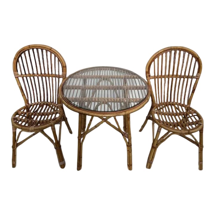 Vintage Italian Rattan and Bamboo Bistro Table & 2 Chairs: Wonderful vintage Italian rattan and bamboo bistro set. Features rattan frames and bamboo spindles. No missing spindles. The table measures 27" tall x 28" wide. The chairs measure 35" tall x 19" wide 