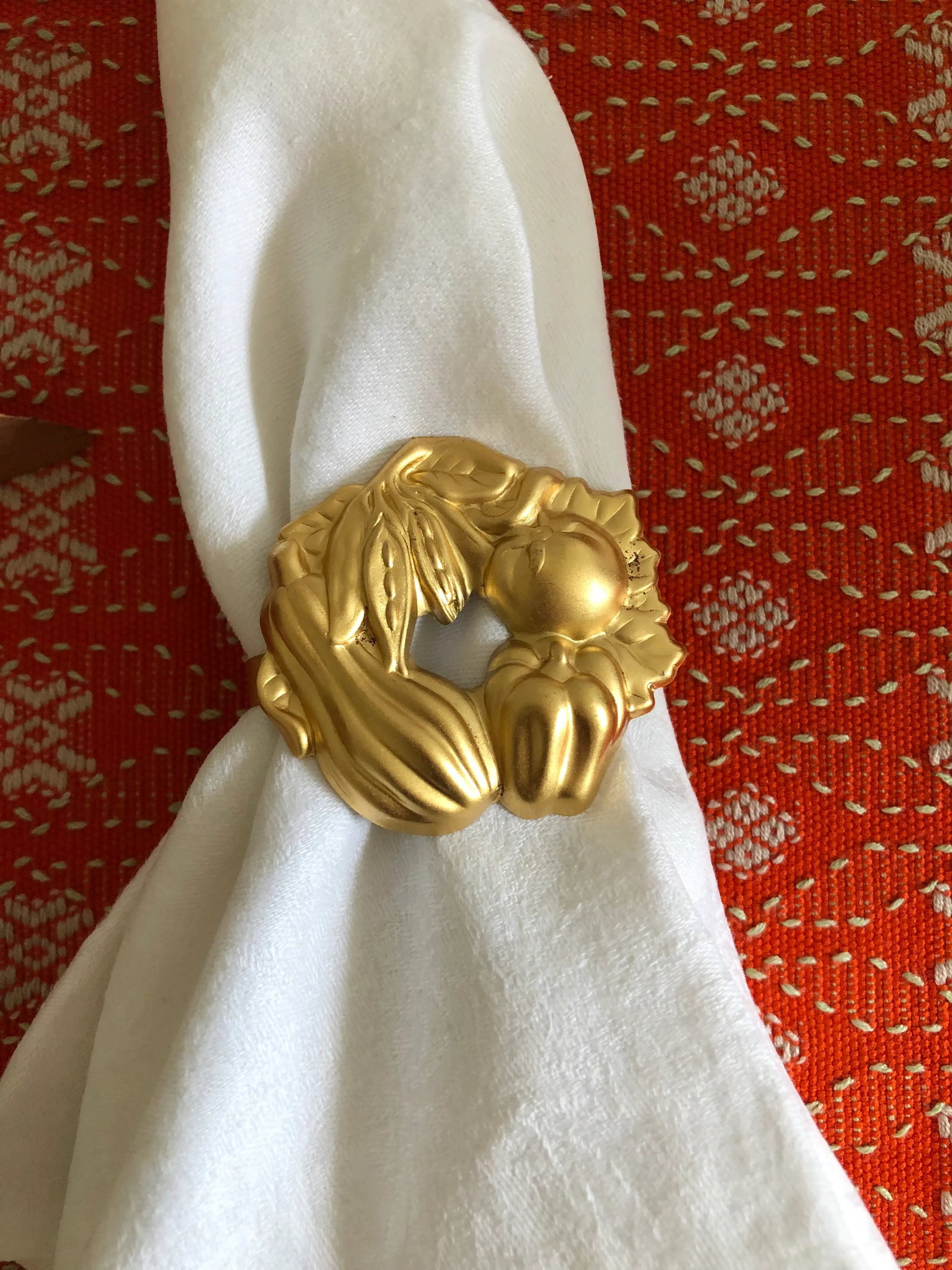 Vintage Gump's Stamped Metal Matte Gold Vegetables Napkin Holders 16 - 5