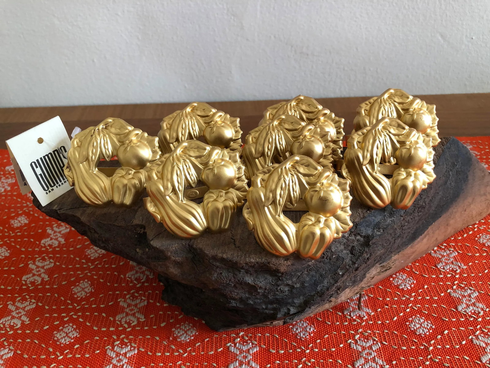Vintage Gump's Stamped Metal Matte Gold Vegetables Napkin Holders 16 - 7