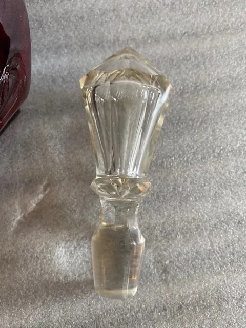 Ruby Red Glass Decanter Bottle / Clear Stopper - 7