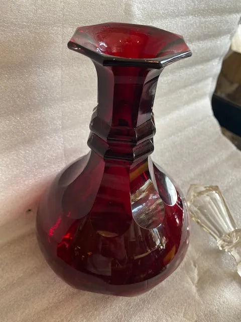 Ruby Red Glass Decanter Bottle / Clear Stopper - 8