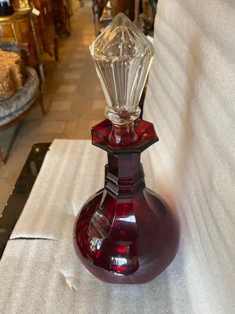 Ruby Red Glass Decanter Bottle / Clear Stopper - 9
