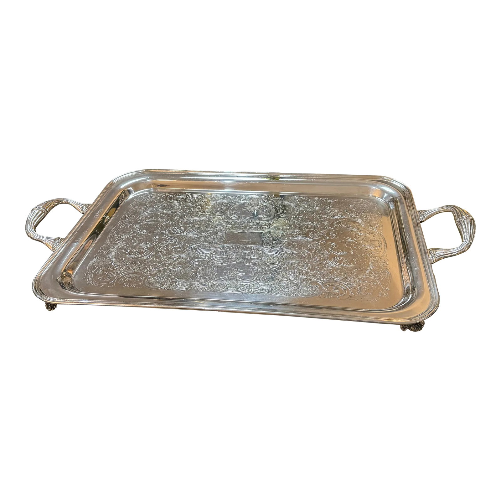 Vintage Footed Butler Silverplate Tray by Empress FEDERAb Silver Co.: Vintage silverplate butler tray, with plain borders, marked at the back empress FEDERAb silver co. and some sign of use on the front surface which is shown on the photos but that did not affect it is 