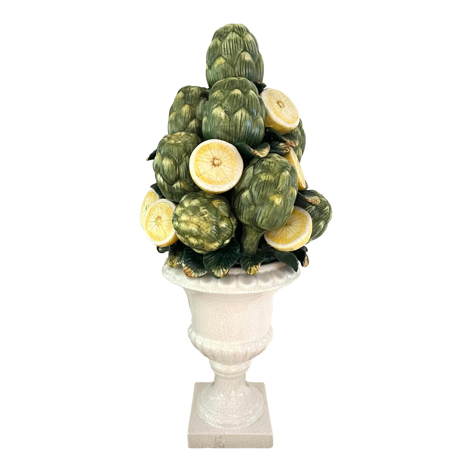 Ceramic Sculptural Artichoke and Lemon Topiary Fruit Basket: This ceramic arrangement of artichokes and lemons in a white vase stands over 25" tall. Excellent vintage condition with no chips or cracks. Dimensions: 12.0''W * 12.0''D * 25.5''H Condition: