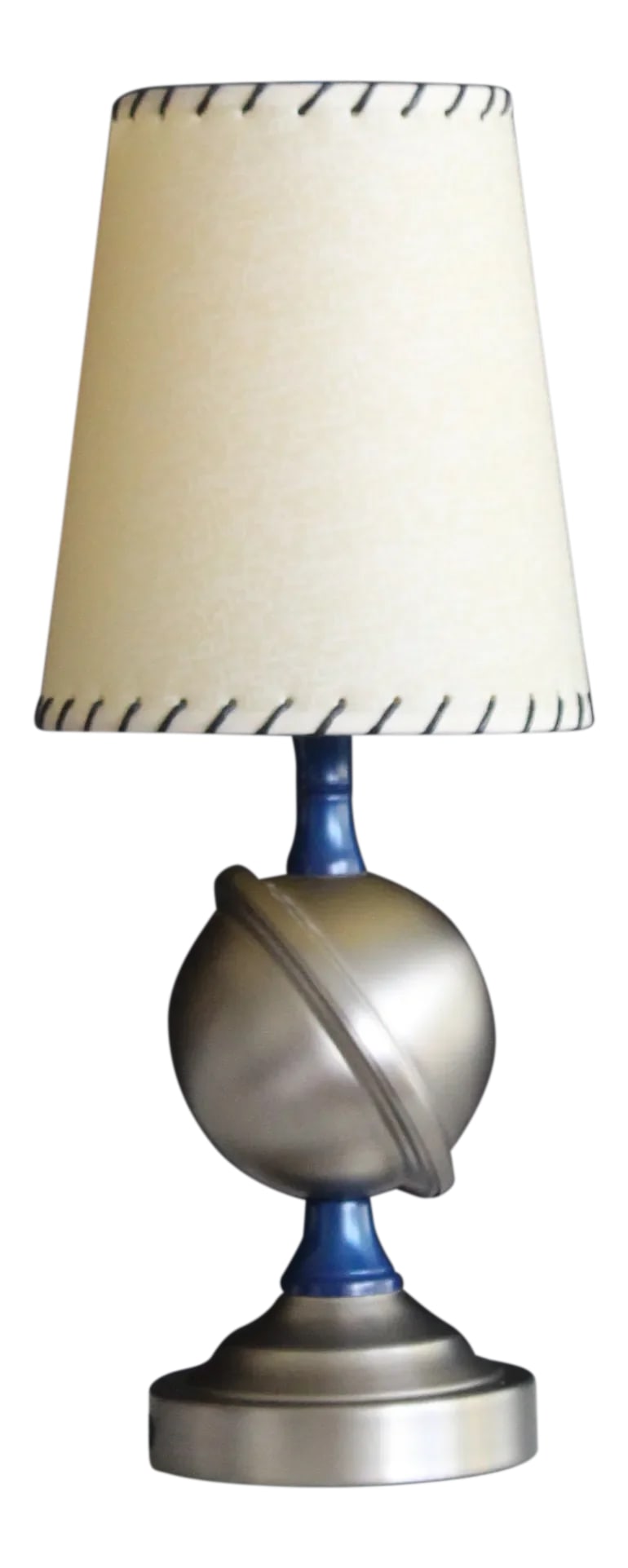 1940s Art Deco Orbital Table Lamp With Shade: A petite Art Deco orbital design. Inherent to the modern movement.Restored . Brushed nickel and anodized cobalt accents.Small scale. great accent piece. Comes with a laced parchment shade. Dimensions