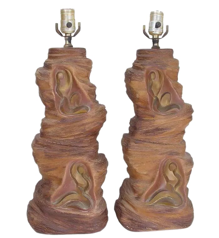 1950s Vintage Mid-Century Modern Frederic Weinberg Dancer Sculptural Lamps: An absolutely amazing pair of 1950 Mid Century, plaster lamps by Frederic Weinberg for Beaux Arts (BALC} Lamps have figural "carvings" and are hand painted with a Trompe l'Oeil rock formation faux