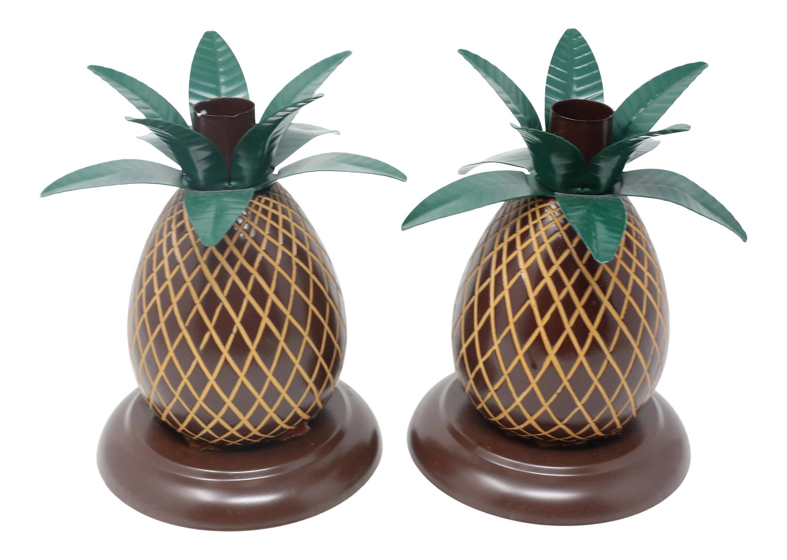 Vintage Metal Pineapple Candle Holders - a Pair: A pair of metal candle holders, with the form of a pineapple and a 1" wide holder for candles. Good vintage condition. Condition: Alterations: Original Condition Unaltered Imperfections: Some