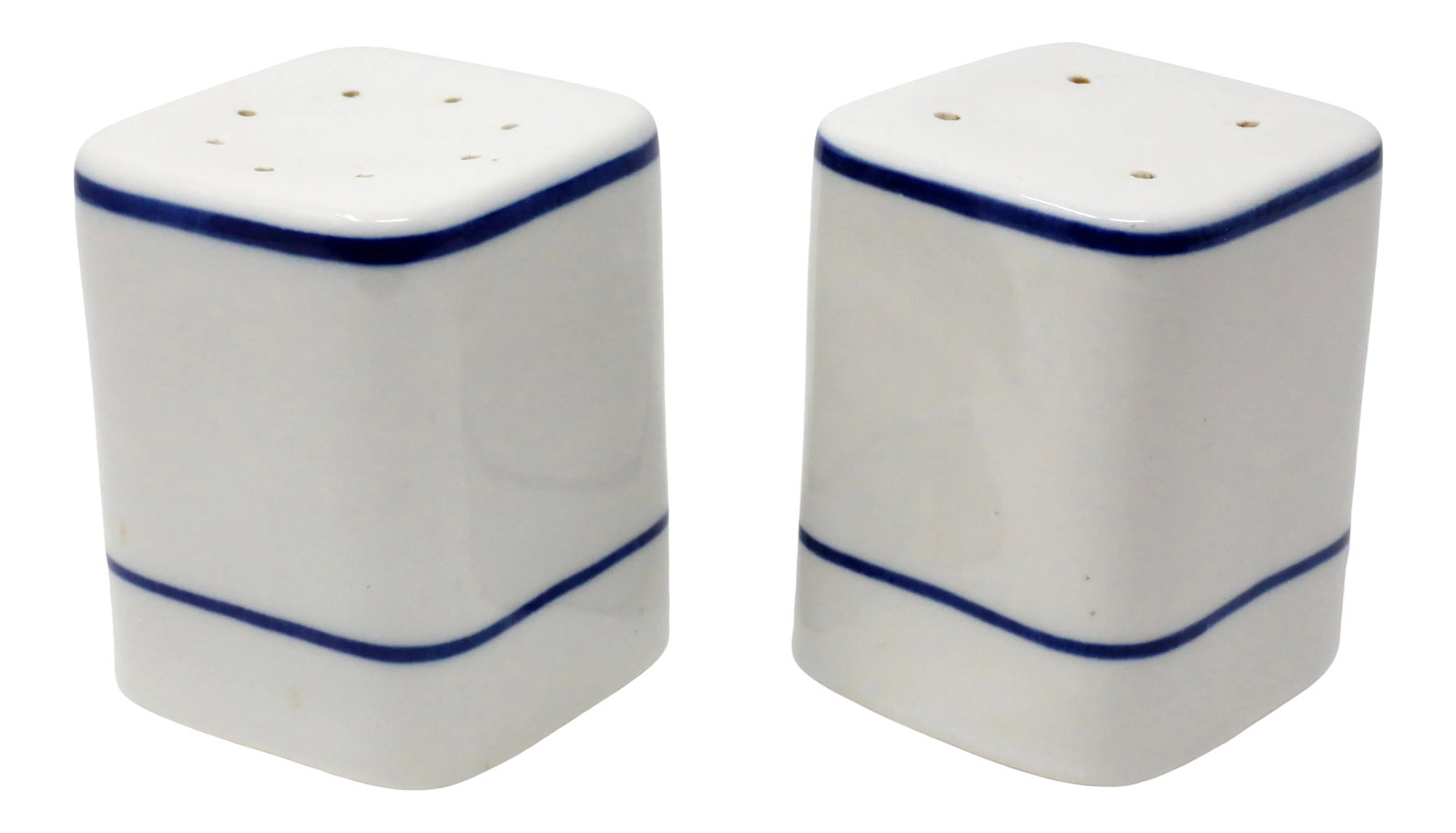 Vintage Portuguese Ceramic Salt and Pepper Shakers - Set of 2: A set of large white ceramic salt and pepper shakers, painted with blue stripes. Each has a rounded square/rectangular form and measures 3 1/2" tall x 2 3/4" x 2 3/4". Good vintage condition.