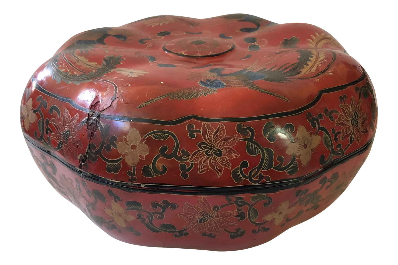 Antique Asian Box: This stunning box has the traditional melon shape and is lacquered in oxblood red with hand painted phoenix design on top. The sides have a floral pattern surround. Inside and bottom are finished in b