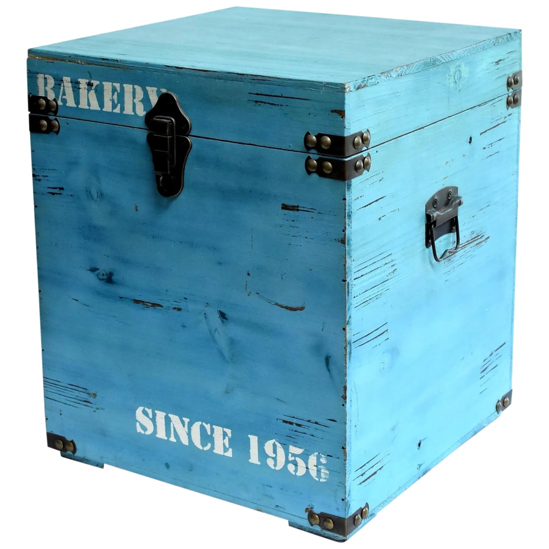 Blue Wooden Cube Box, Side Table, Bakery Print New: A brand new wooden box painted in beautiful blue color. White stenciled "Bakery Since 1956" prints add interest. Brass hardware clasp the top to close, act as handles and reinforce corners. Footed
