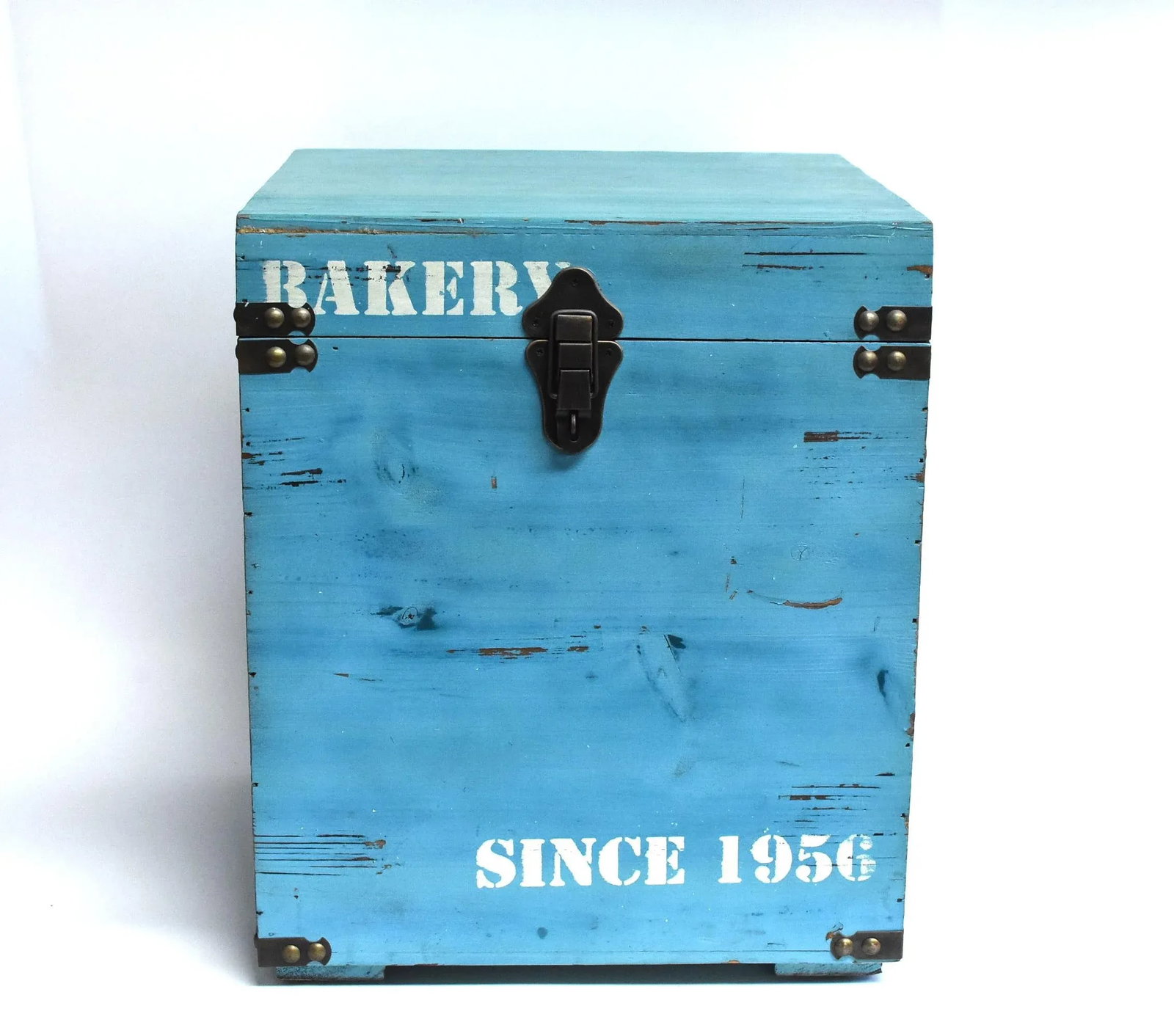 Blue Wooden Cube Box, Side Table, Bakery Print New - 2