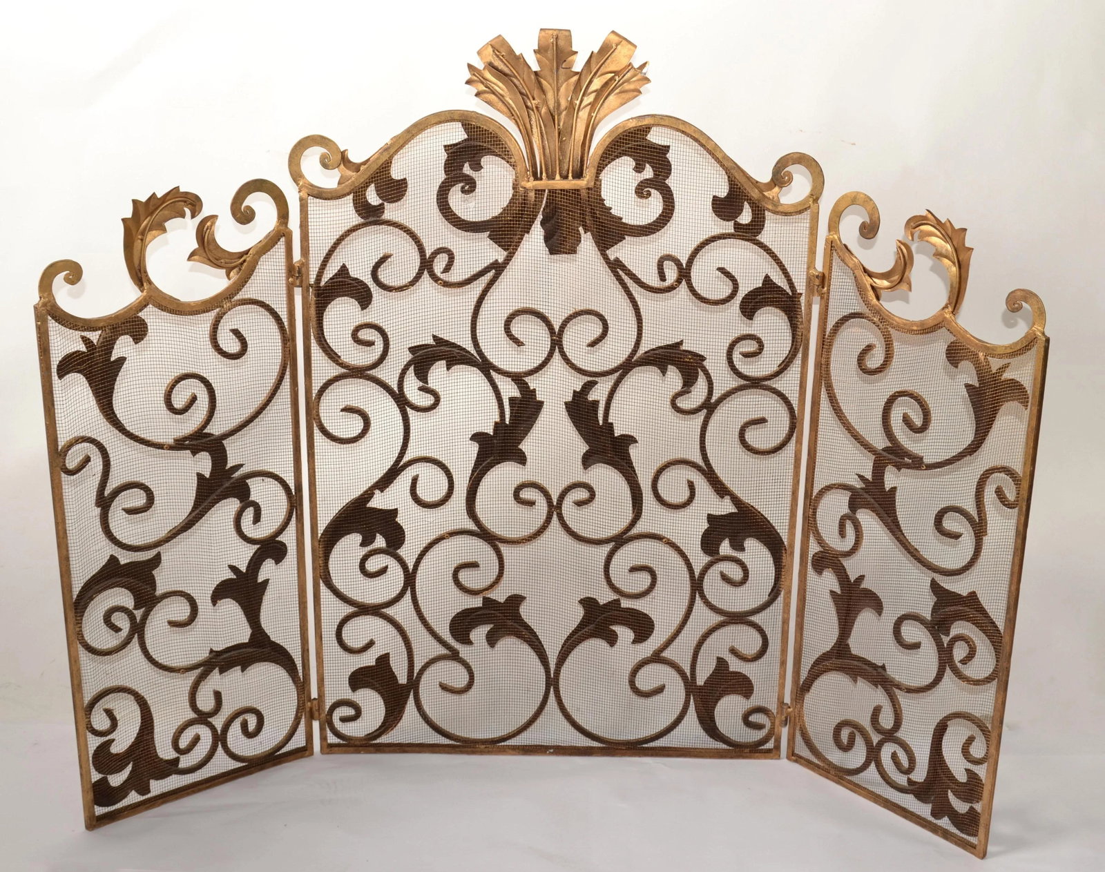 1970s Italian Neoclassical Large Gold Finish Wrought Iron 3-Panel Fire Mantel Fire Screen - 12