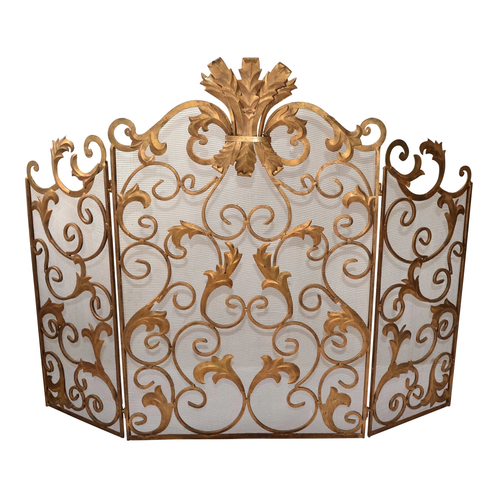 1970s Italian Neoclassical Large Gold Finish Wrought Iron 3-Panel Fire Mantel Fire Screen (1 of 12)