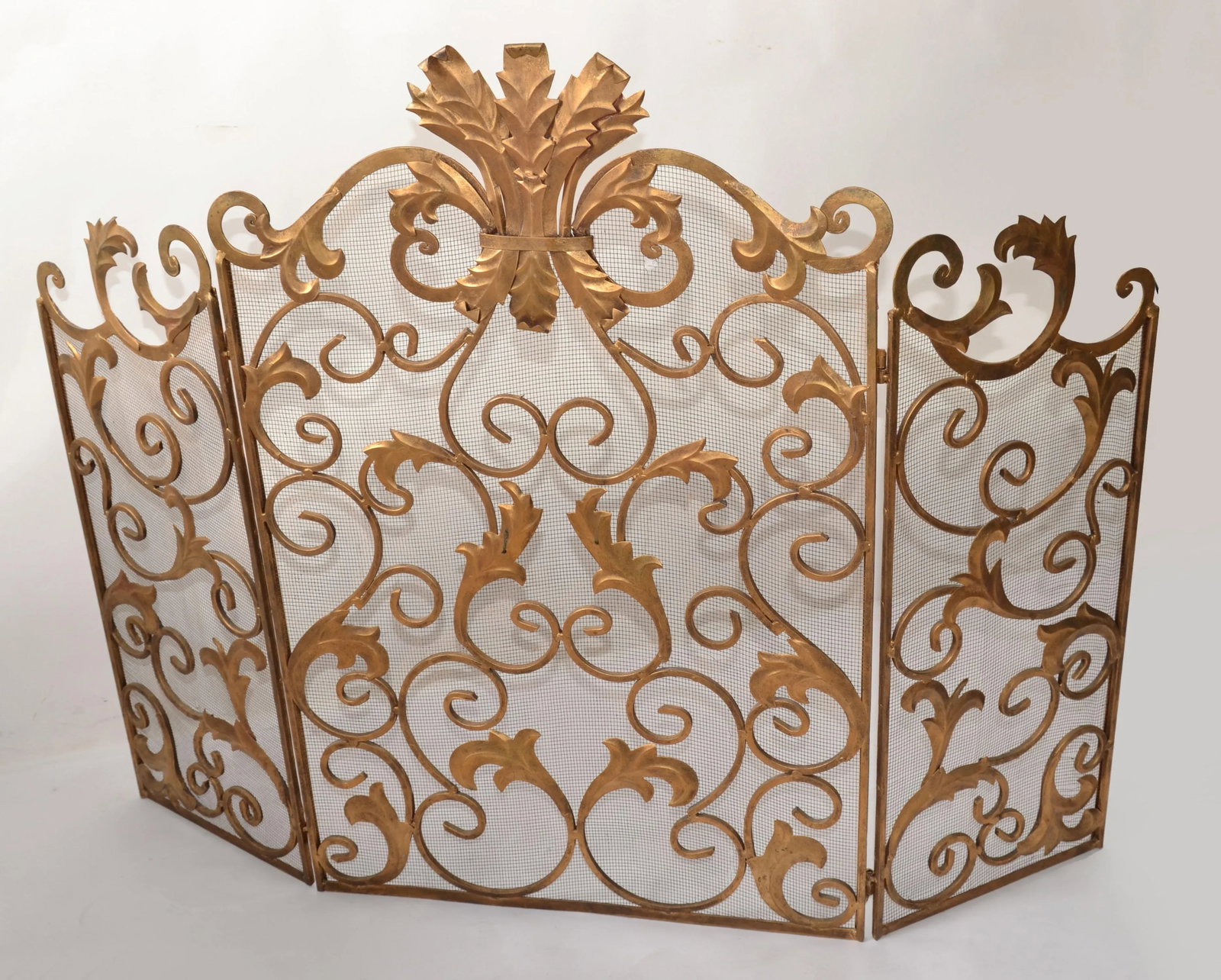 1970s Italian Neoclassical Large Gold Finish Wrought Iron 3-Panel Fire Mantel Fire Screen - 3