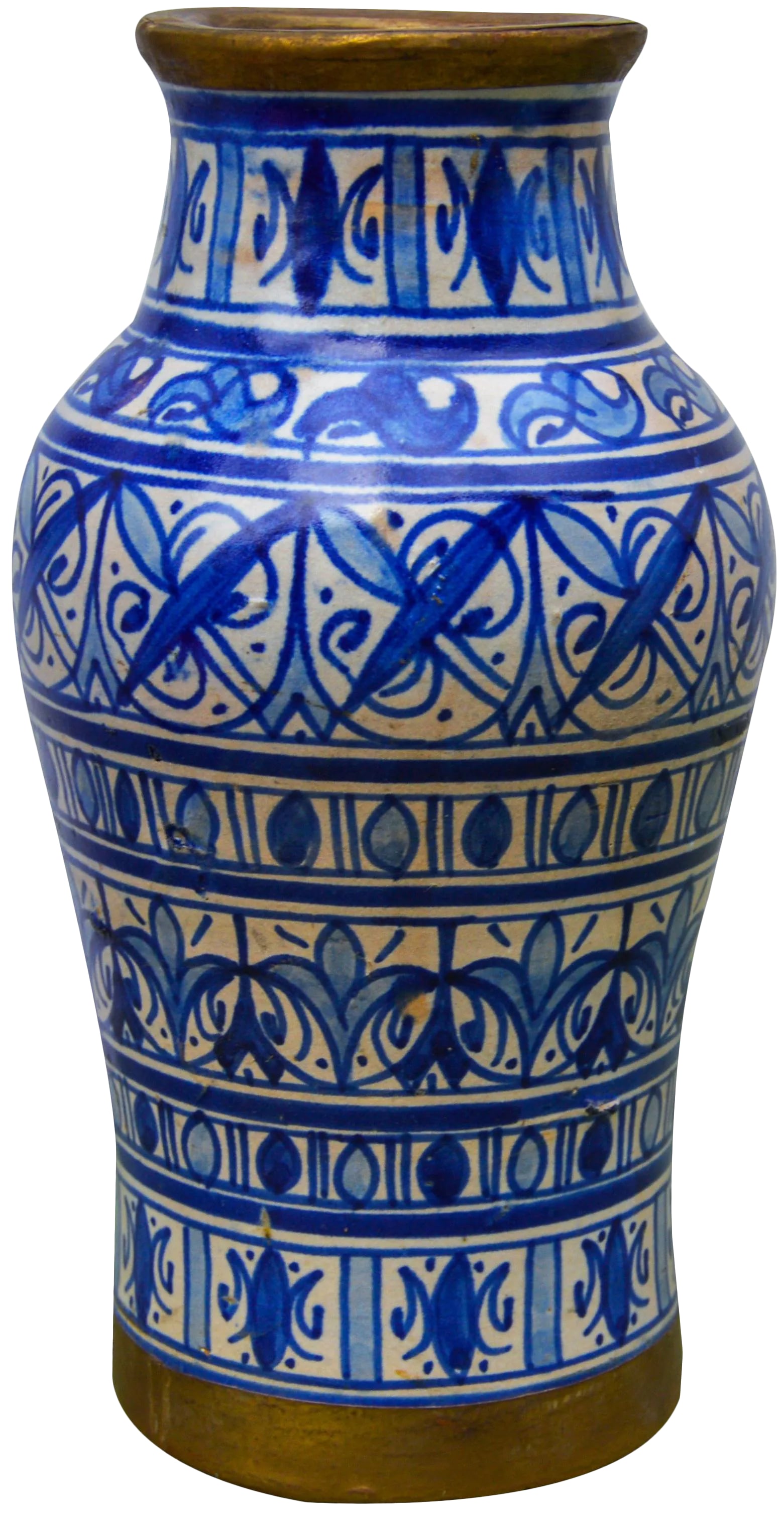 Mid 20th Century Blue-Patterned Moorish Vase: Handcrafted and glazed ceramic vase with ornate blue pattern and intricate brass inlay. No maker's mark. This beautiful accent ships within 1-2 business days from purchase, and to be received within 2