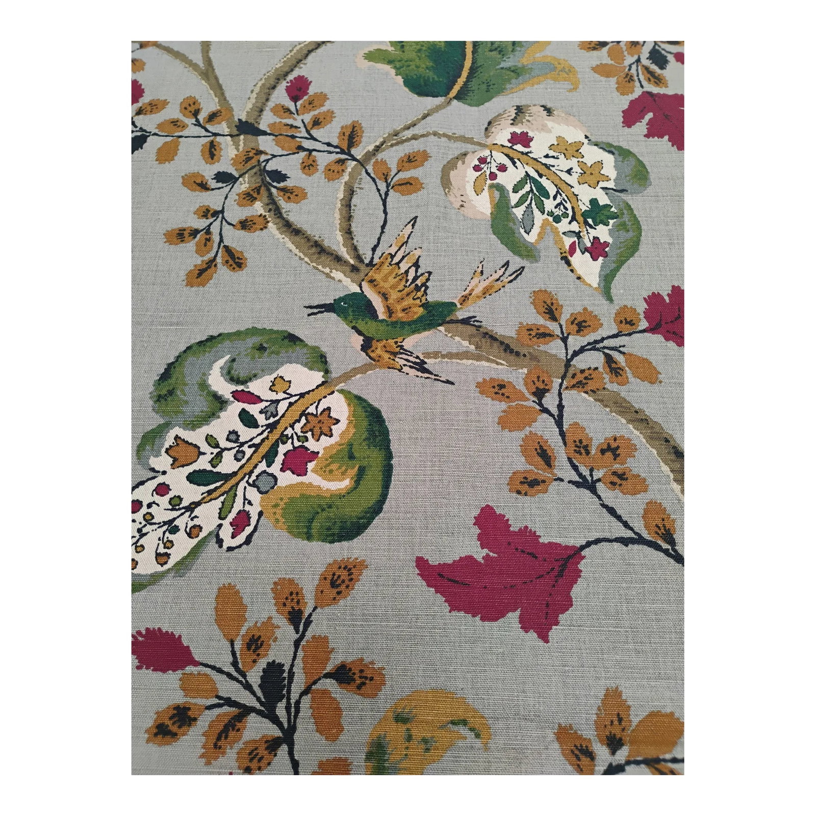 Schumacher / Jh. Thorp "Fox Hollow" Fabric- 5.5 Yards: "Fox Hollow" is a classic print with birds, flowers and beautiful oversize leaves. Large repeat. Mid weight linen cotton blend. It would be great for light upholstery, drapery, pillow, etc. Very easy