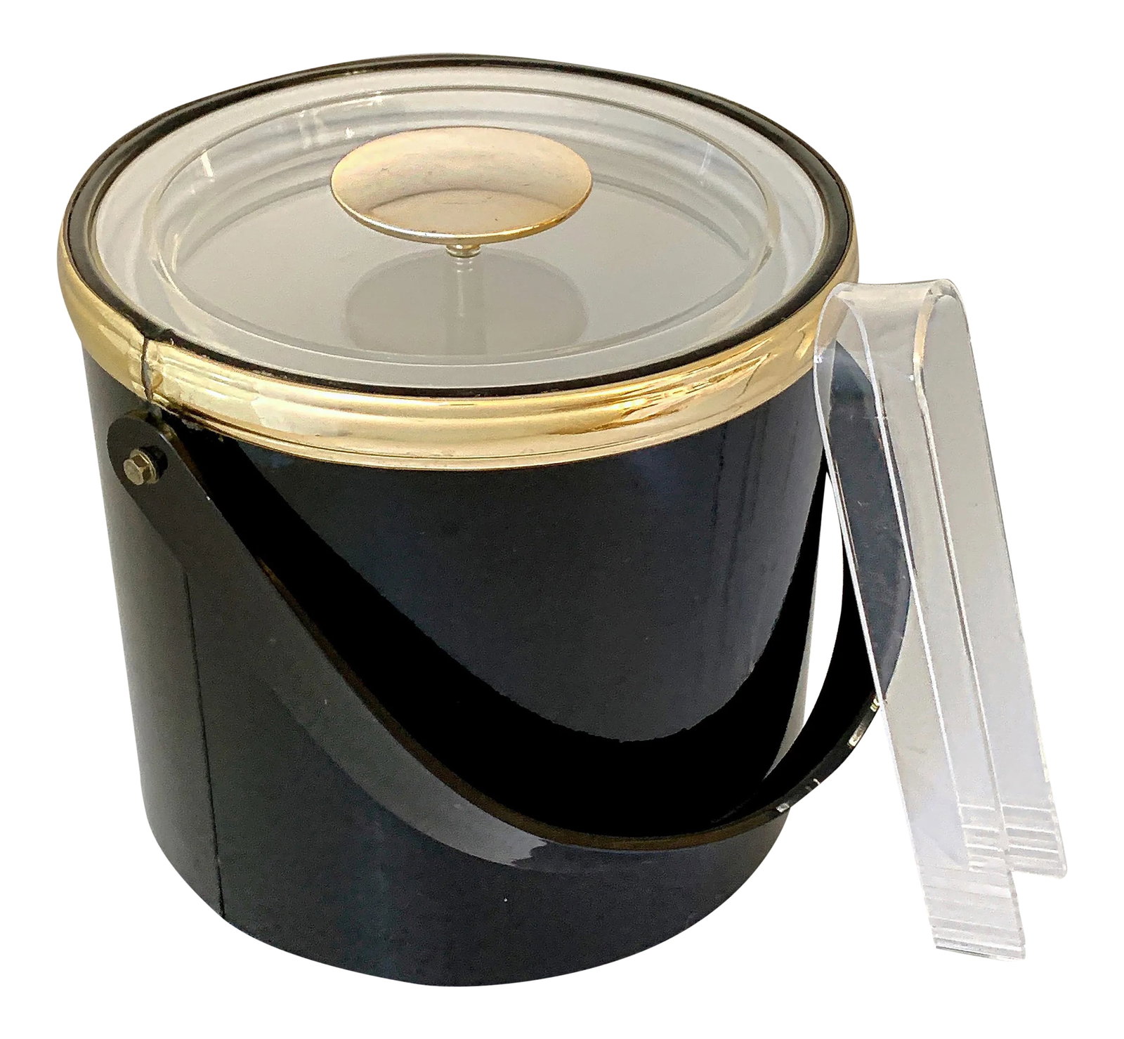 Mid Century Georges Briard Glossy Black Vinyl and Lucite Ice Bucket With Tongs (1 of 11)