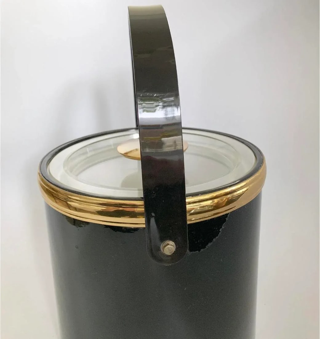 Mid Century Georges Briard Glossy Black Vinyl and Lucite Ice Bucket With Tongs - 6