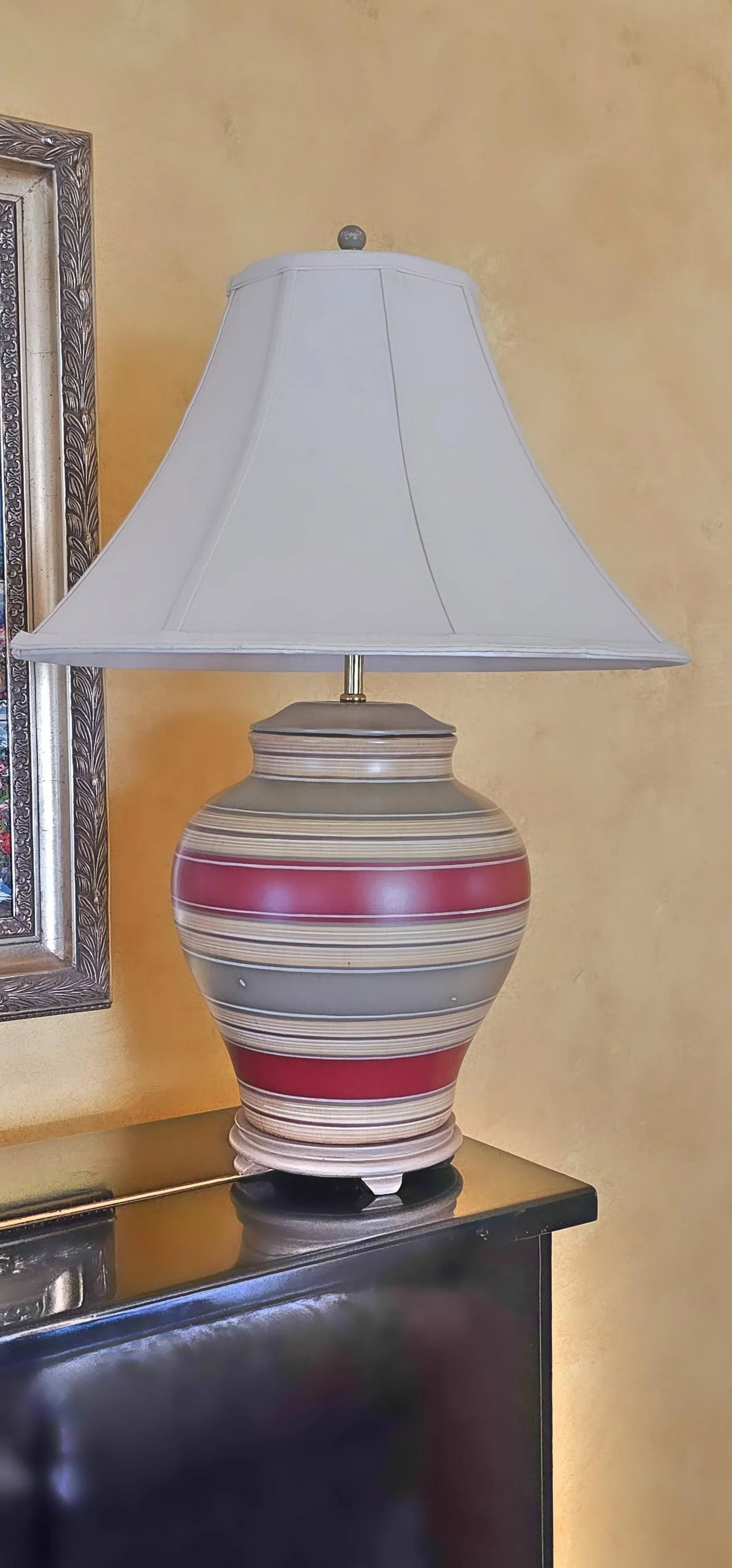 Mid-Century Ceramic Hand Painted Table Lamps With Shades in Lava Gray, Burgundy and Beige- a Pair - 11