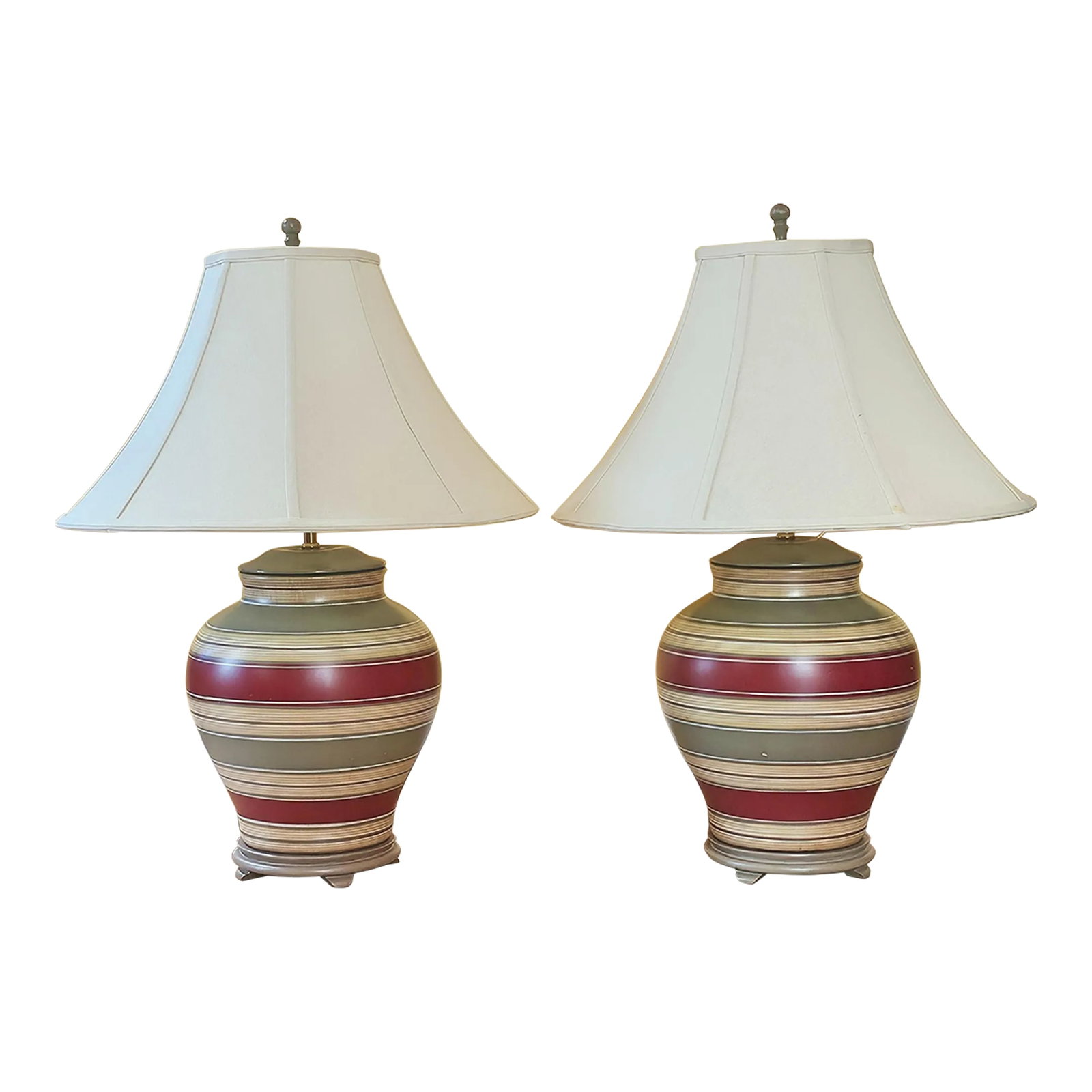 Mid-Century Ceramic Hand Painted Table Lamps With Shades in Lava Gray, Burgundy and Beige- a Pair: A gorgeous pair of large earthy toned table lamps with original shades and finials in lava gray, beige and burgundy. Features: 100% cotton bell shades in off-white Uses max 150 watt 3-way type A or