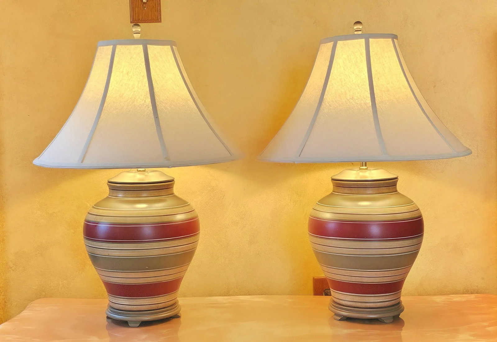 Mid-Century Ceramic Hand Painted Table Lamps With Shades in Lava Gray, Burgundy and Beige- a Pair - 2