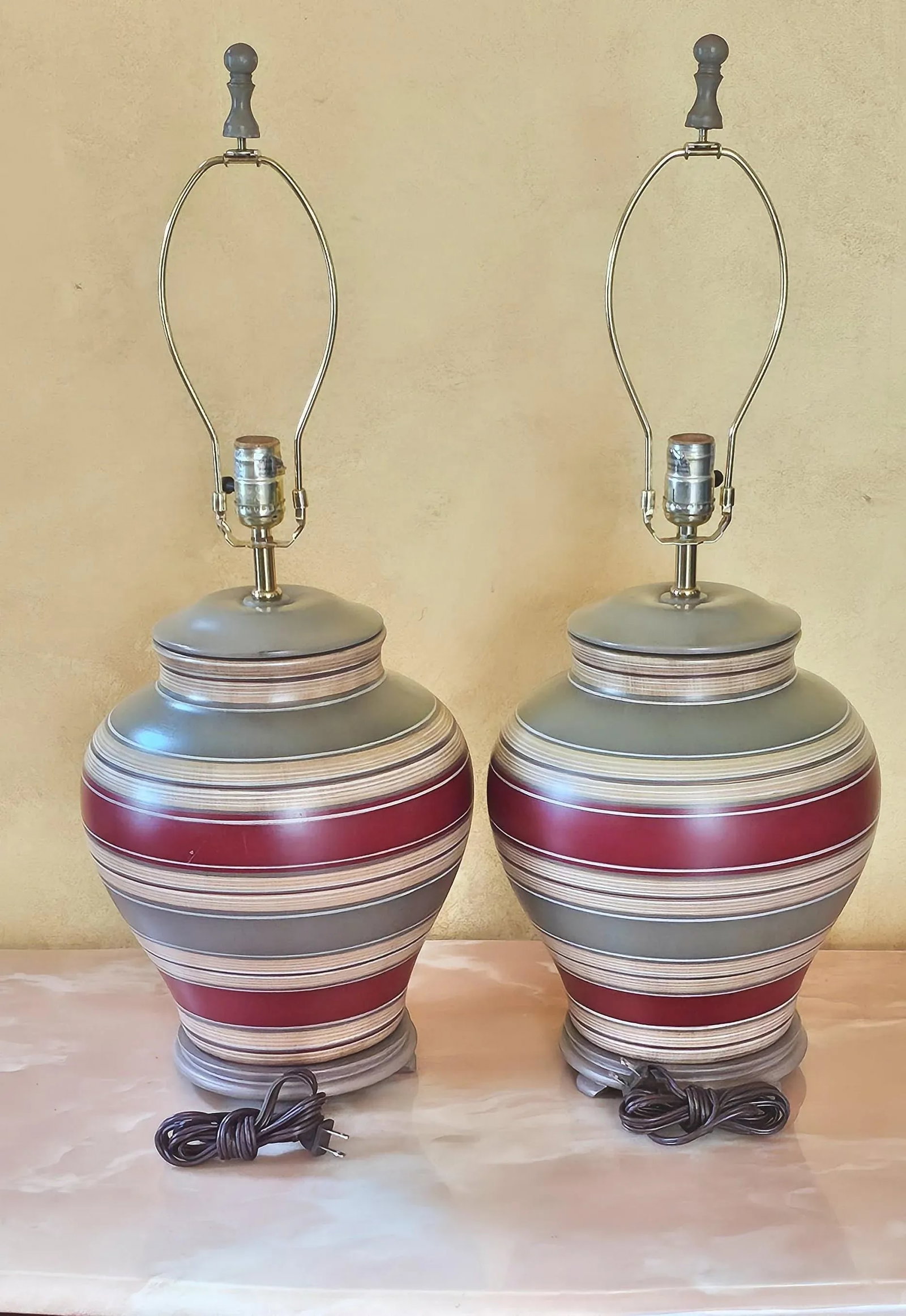 Mid-Century Ceramic Hand Painted Table Lamps With Shades in Lava Gray, Burgundy and Beige- a Pair - 3
