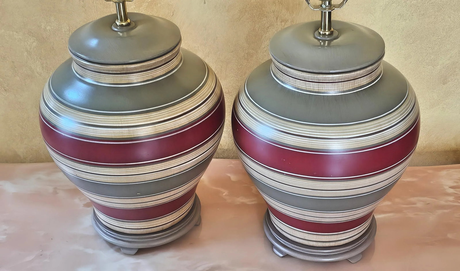 Mid-Century Ceramic Hand Painted Table Lamps With Shades in Lava Gray, Burgundy and Beige- a Pair - 6