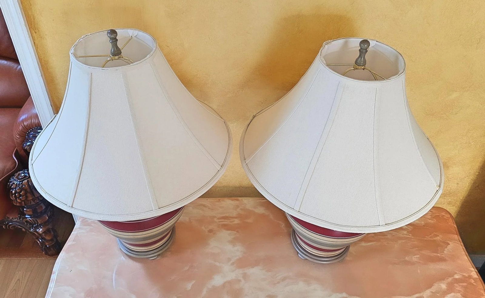 Mid-Century Ceramic Hand Painted Table Lamps With Shades in Lava Gray, Burgundy and Beige- a Pair - 9