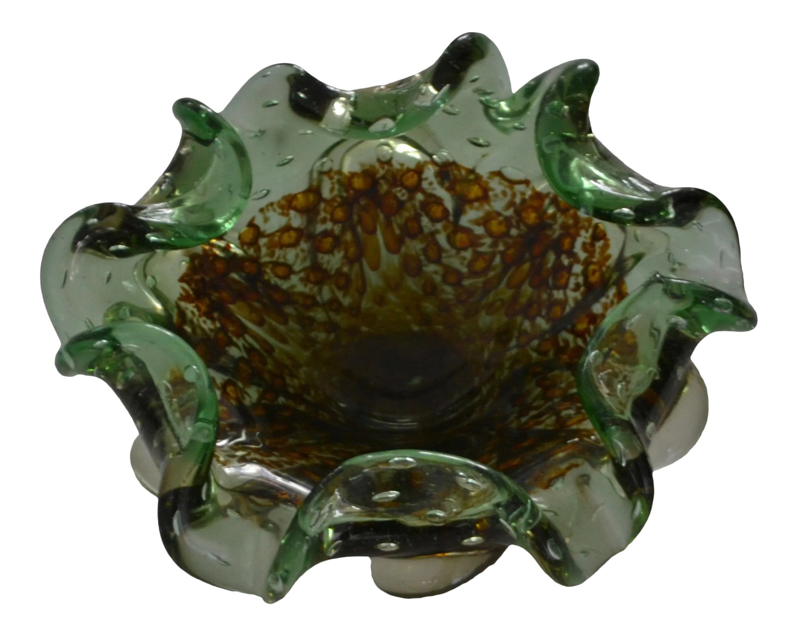 1950s Vintage Murano Glass Bowl: Striking Murano organic blown glass folded edge bowl with gold flecked interior, circa 1950s - 1960s. Condition: Alterations: Original Condition Unaltered Imperfections: Some Imperfections Condition